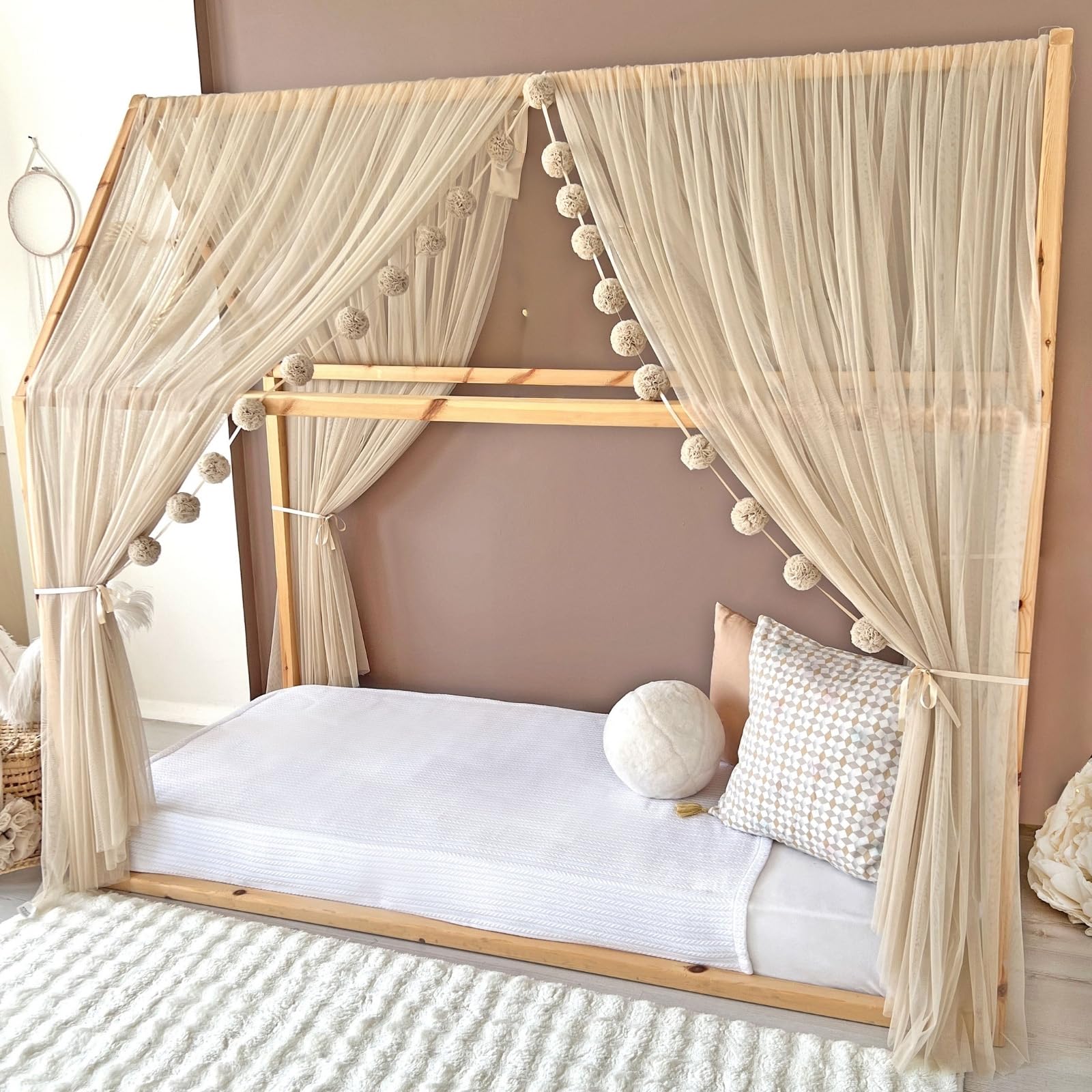 Toldo de cama estilo princesa para niñas, decoración de habitación de niños para camas Montessori, regalo de tul suave para niños pequeños (beige, 440 cm, juego 1)