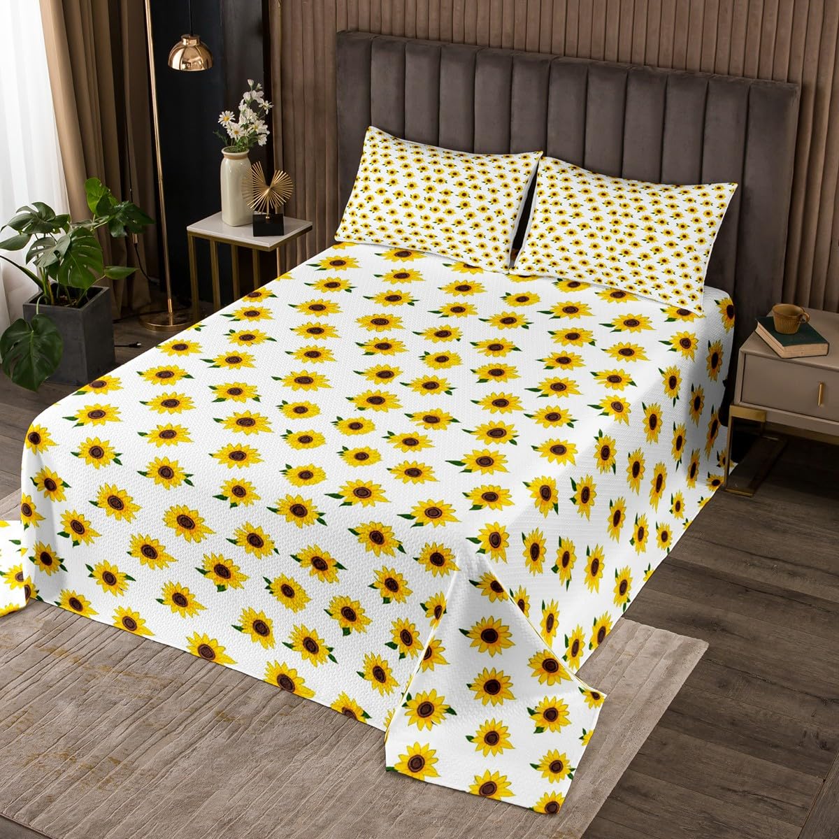 Erosebridal Sunflower Bedspread Set King Size, Simple Flowers Printed Bedroom Decor Quilt Set for Sofa, Florals Botanical Lightweight Kids Teens Coverlet Set, White Yellow Rustic Bedding Set