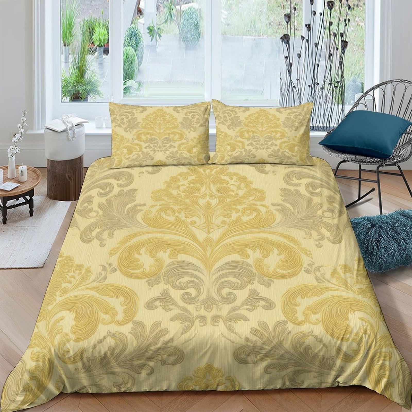 GPLZQXKJNH 3D Printed Baroque Damask Duvet Cover Microfiber Soft Yellow Ornamental Bedding Set with 2 Pillowcases for Bedroom Decor Single（135x200cm）