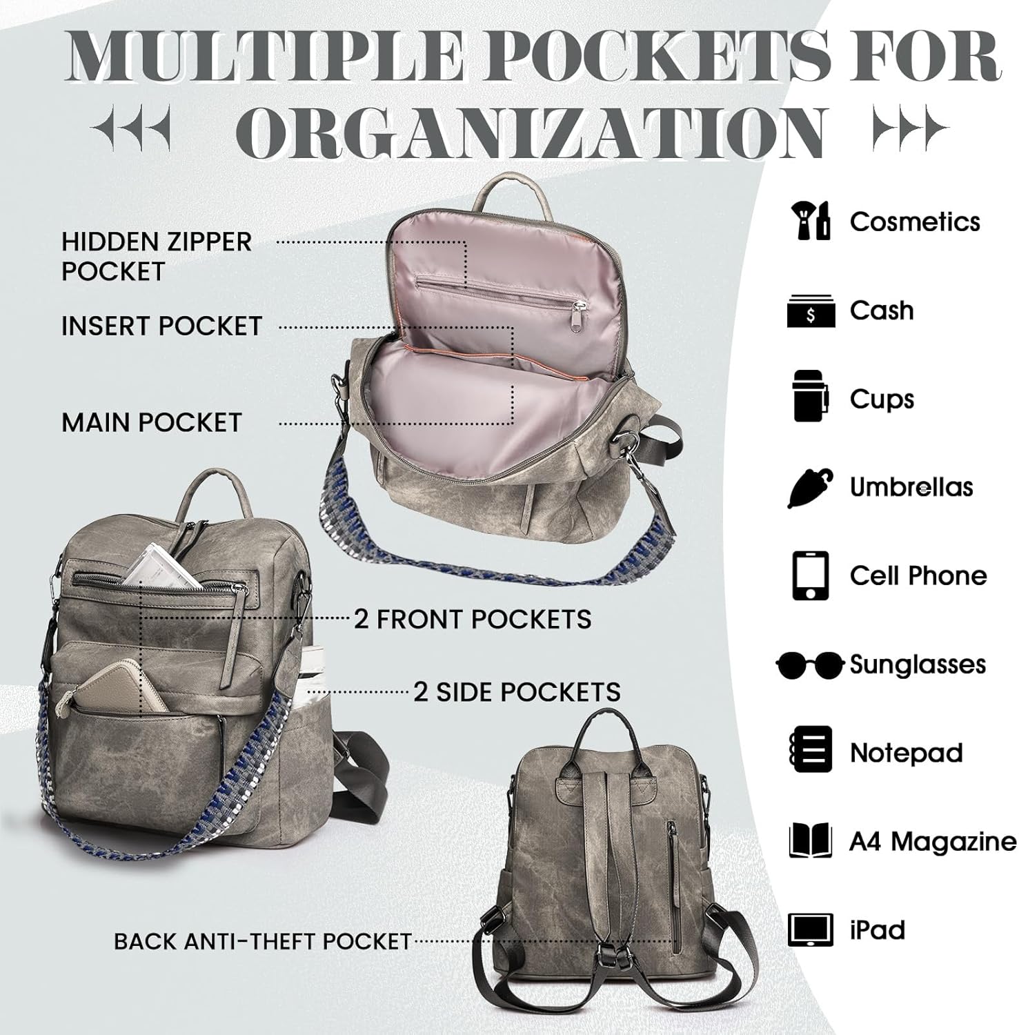 Backpack Purse for Women, PU Leather Back pack Purse, Multiple Pockets Anti Theft Backpack with Adjustable Straps, Women Back pack for Daily Work Travel, Grey - Image 4