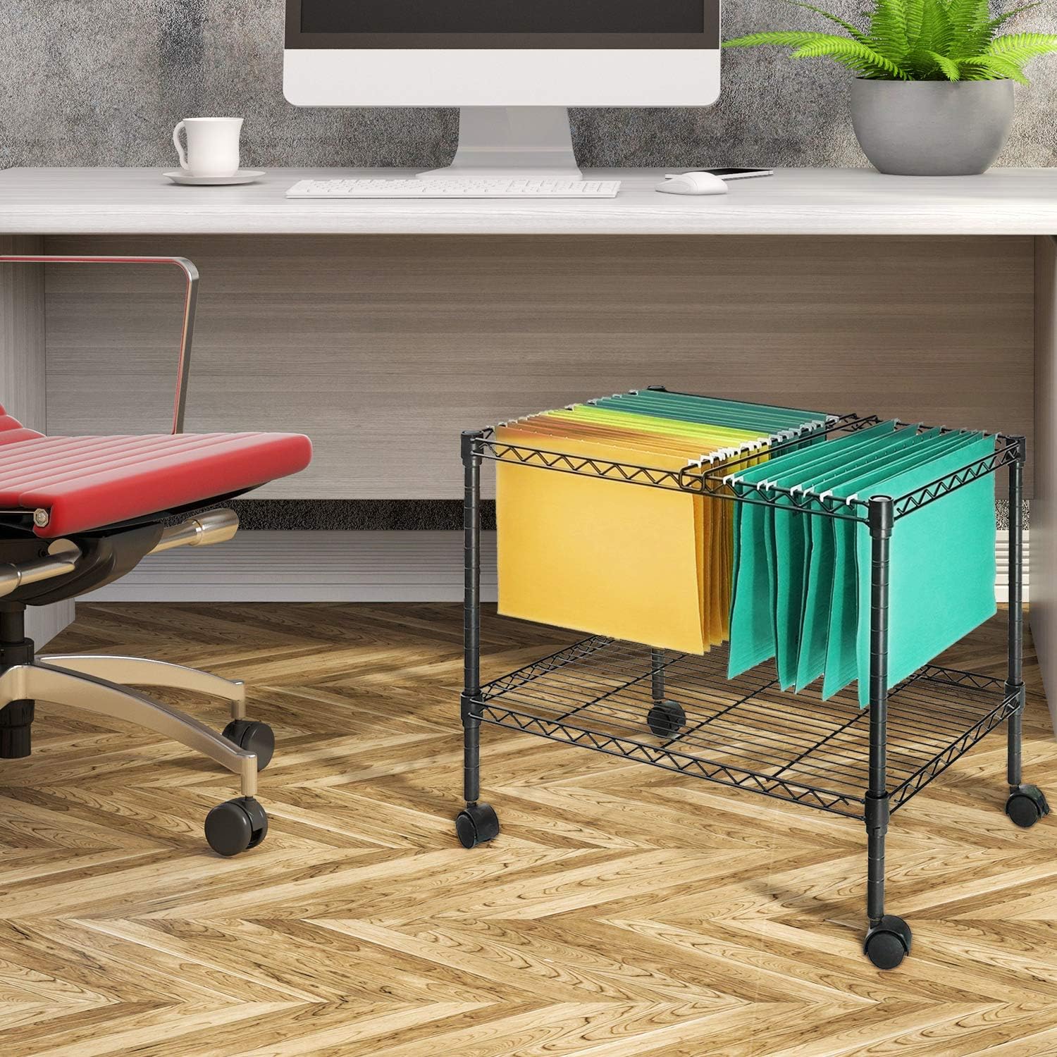 Image showing the SortWise Wire Shelf Rack in an office setting under a desk, holding files.