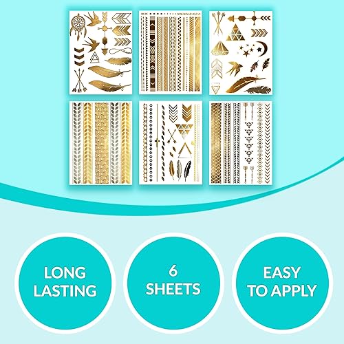 Miniatura 9 de Terra Tattoos Tatuajes temporales de Henna metálicos dorados, 75 diseños de elefantes, flores, mal de ojo y mucho más. Impermeable no tóxico de