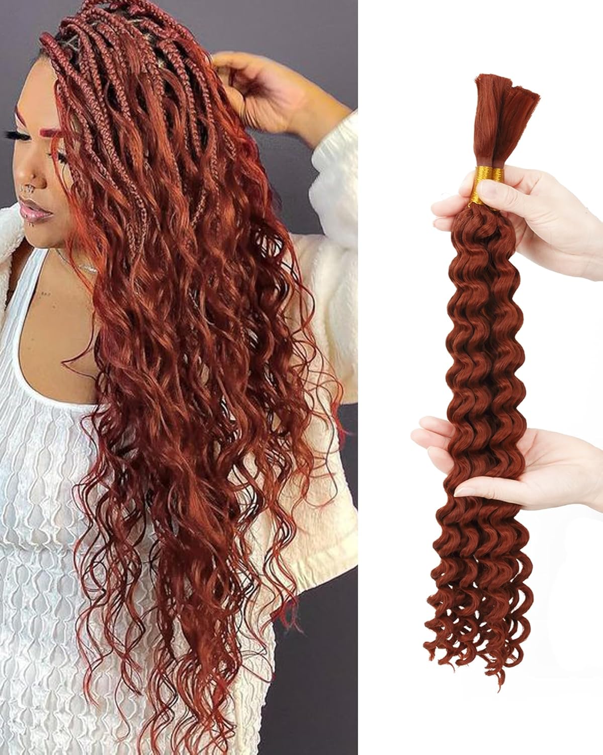 Deep Wave Bulk Braiding Hair Extensions-18 Inches 4 Bundles Ginger Synthetic Curly Hair Bundle for Braiding,No Weft Braids for Human（18"-4 Bundles,350#）
