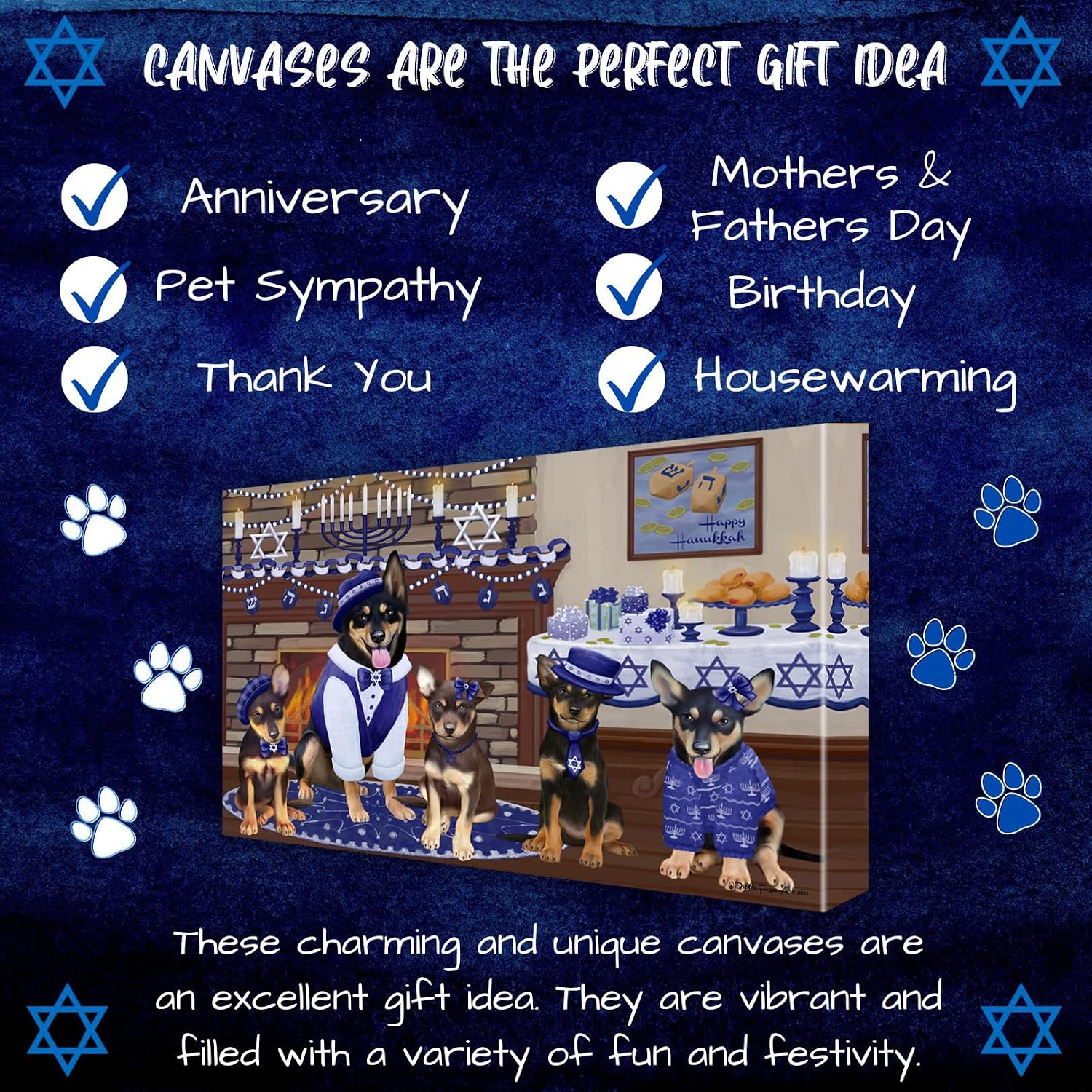 Doggie of the Day Hanukkah Family with Australian Kelpie Dogs Canvas Wall Art - Premium Quality Ready to Hang Room Decor - Flat Rolled 11" x 14"