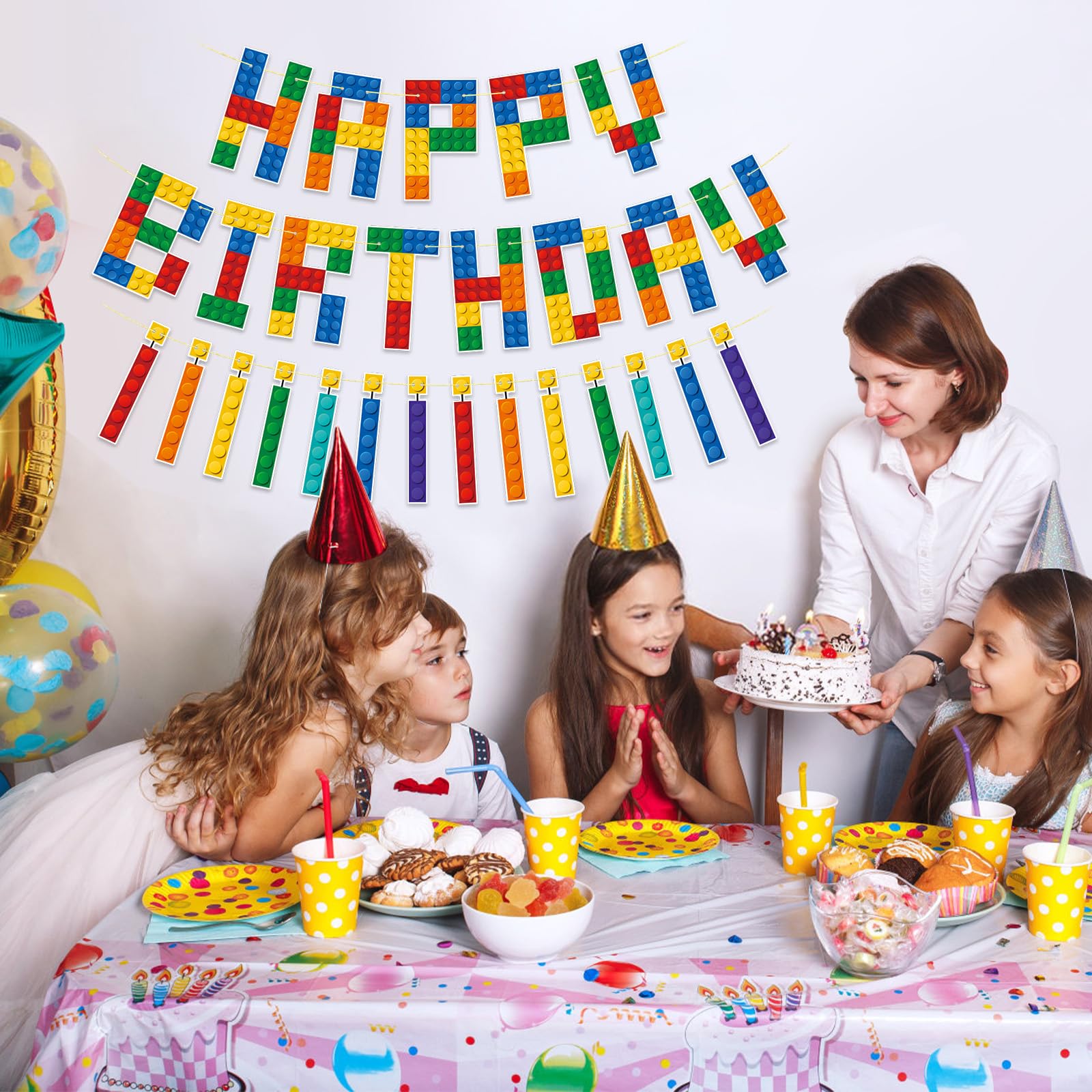 Building Block Birthday Banner - 80 Inch Brick Theme Party Garland