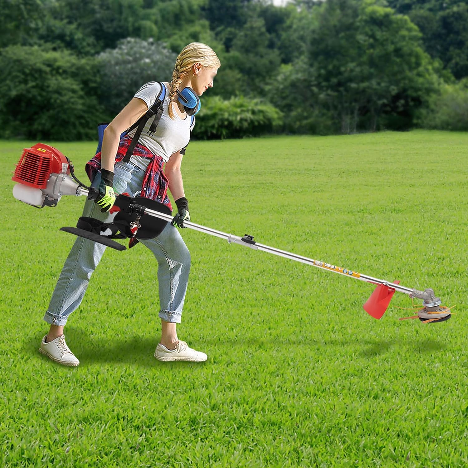 43cc Gasoline Power Weed Wacker, 2-Stroke Single-Cylinder Air-Cooled Gas Weed Whacker, Lawn Edger 2T Head with Rollers Grass Trimmer Tools for Home Gardeb Yard Patio Park Agriculture