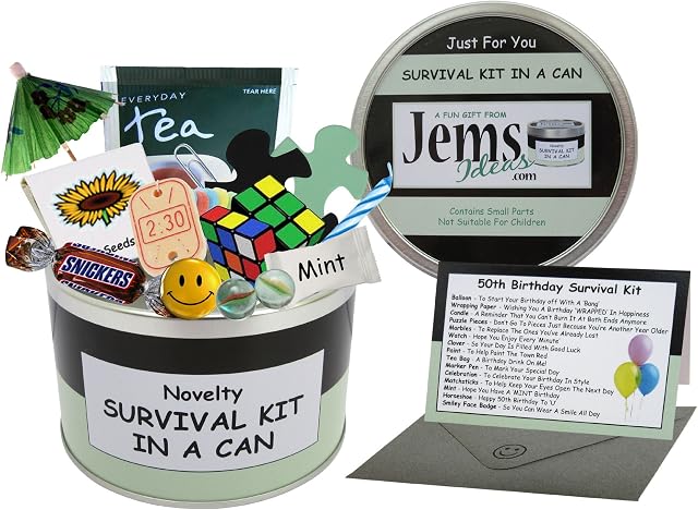 50TH BIRTHDAY SURVIVAL KIT IN A CAN. Happy 50th Birthday All In One Gift & Card. Novelty Fun - Humorous Present. Customise Your Can Colour. (Black/Mint)