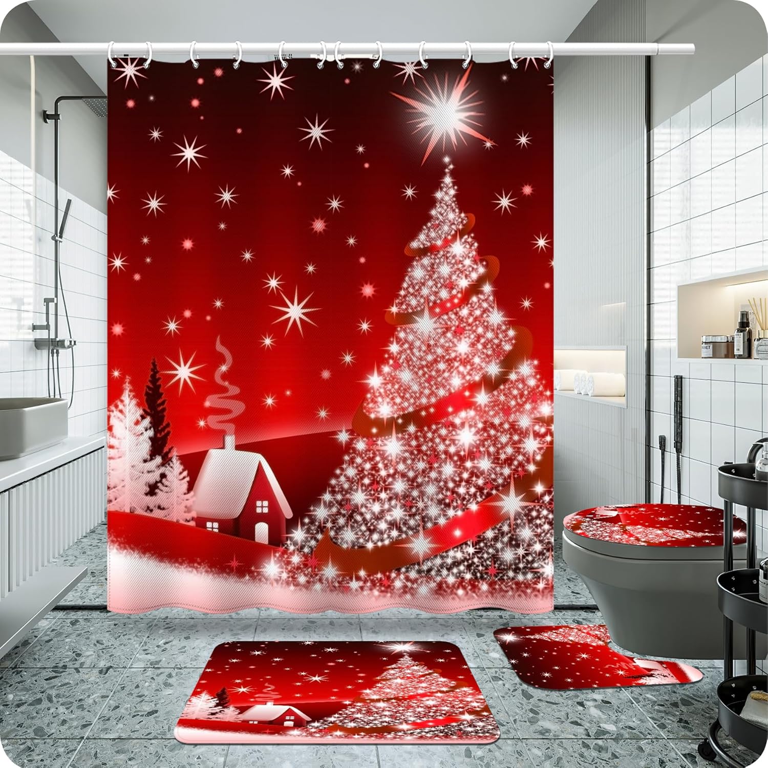 Shinning Christmas Tree Shower Curtain Sets for Bathroom