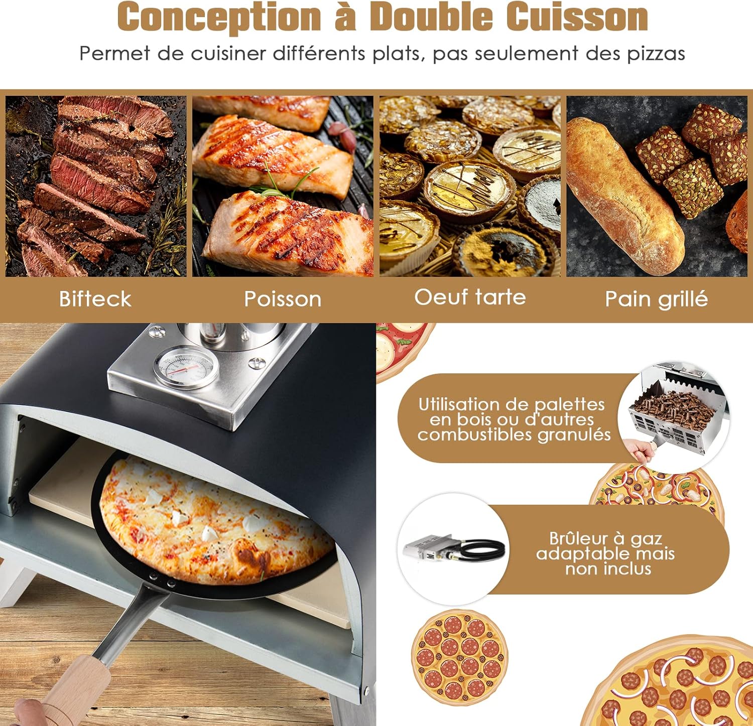 GYMAX Horno de Pizza de Madera Porttil con Termmetro, Horno de Madera para Pizza, con Piedra para Pizza y Pala para Pizza, para Jardn, Camping y Fiesta