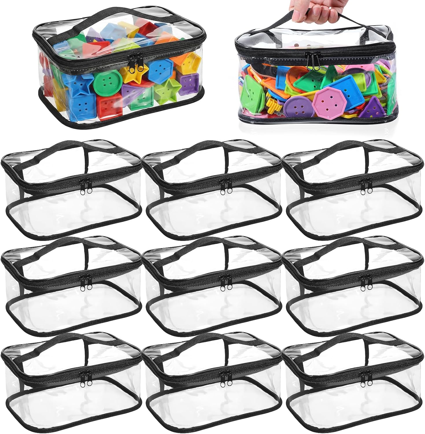10 PCS Toy Storage Bags, 9.8×7×4.7 Inch Clear Toy Storage Bags with Zipper PVC Bulk Clear Travel Pouch with Handle Reusable for Building Blocks, Puzzles, Books and Board Games Organization