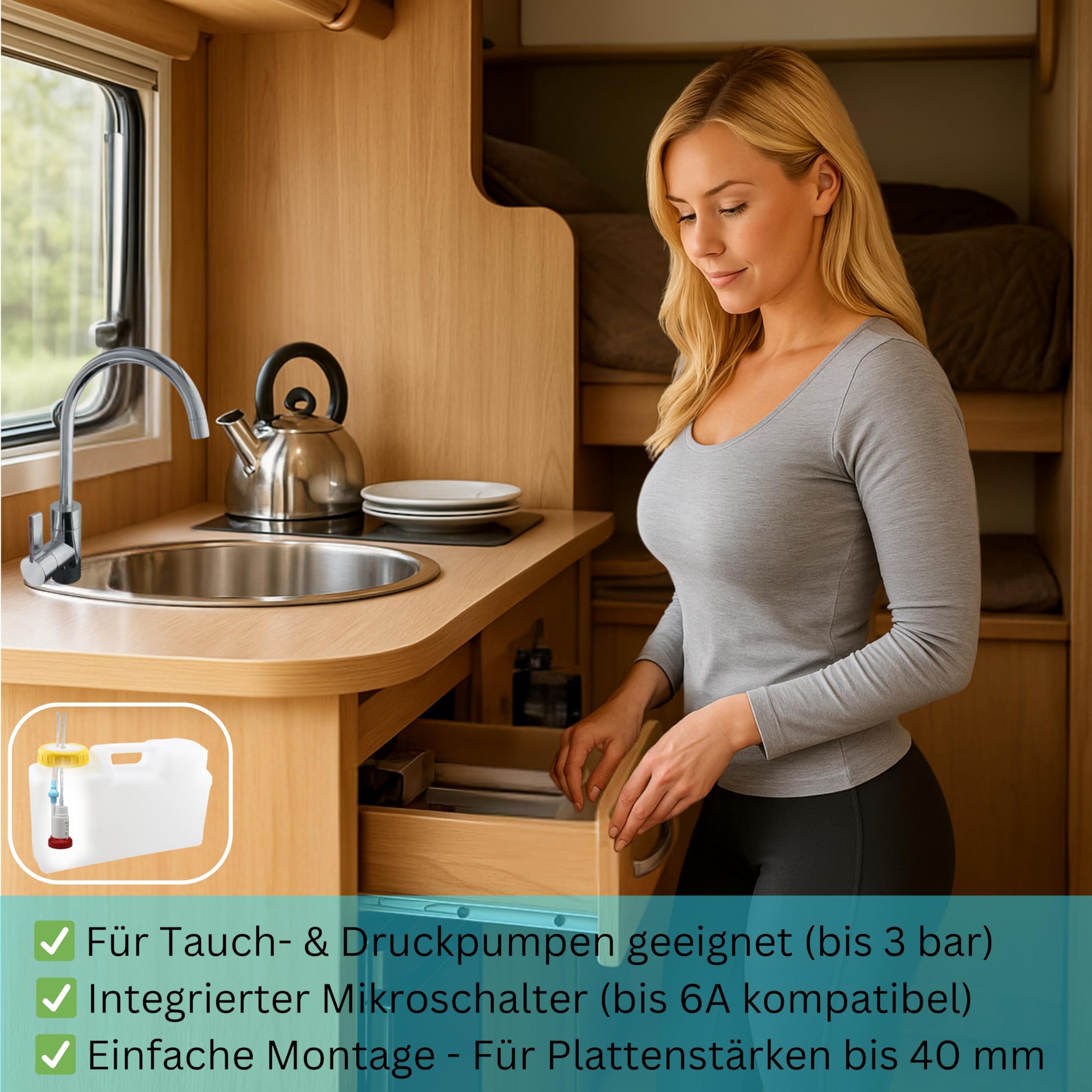 Comet Lucca Einhebelmischer für Wohnmobil und Wohnwagen, 12 V, Chrom, 360° drehbarer Mikroschalter, 12 V Wasserhahn