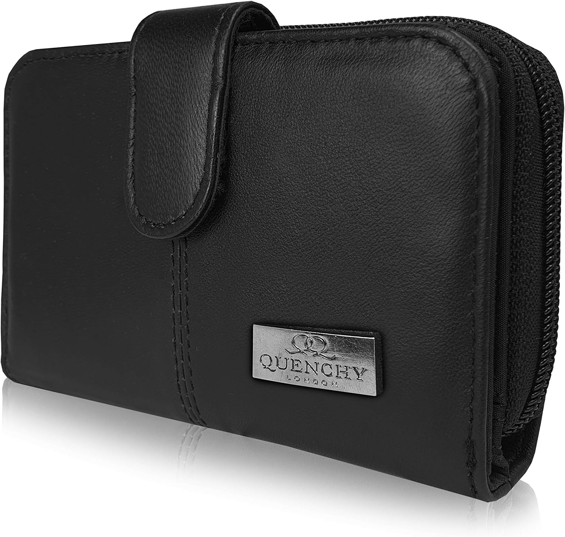 Real Leather Purse RFID Blocking with 2 Zipped Coin Sections, 5 Coin Trays, 6 Credit Debit Cards Spaces Slots 14cm x10 x3 QL225KRFID (Black)