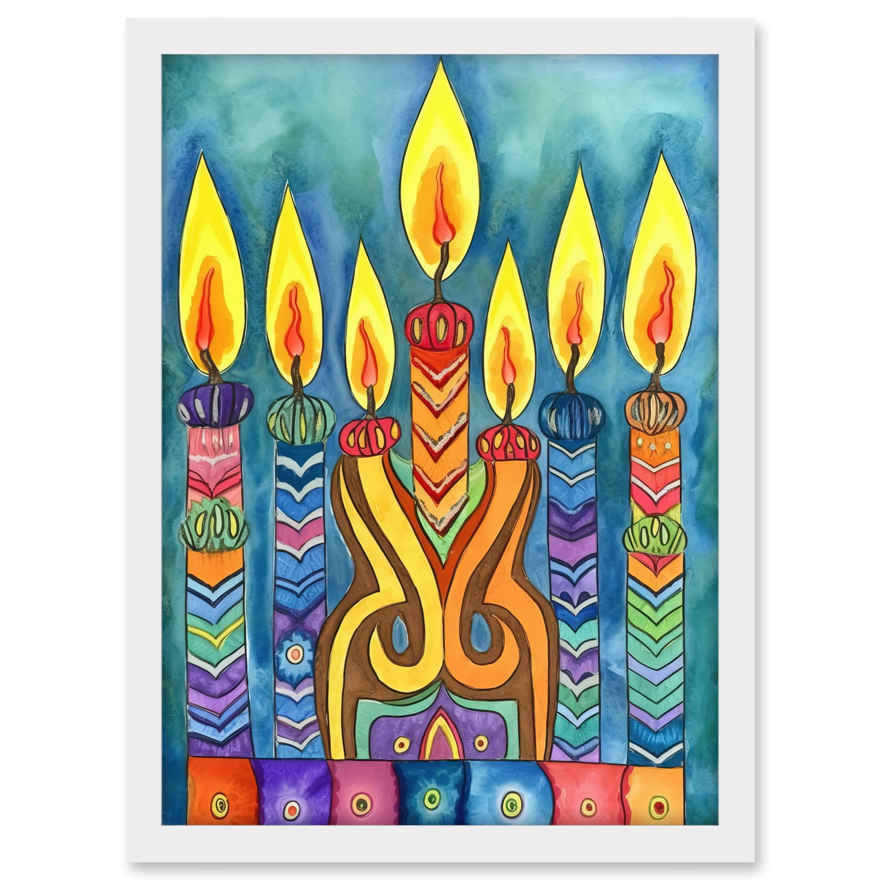 Artery8 Jewish Menorah Candle Patterns Folk Art Watercolour Painting Artwork Framed A3 Wall Art Print
