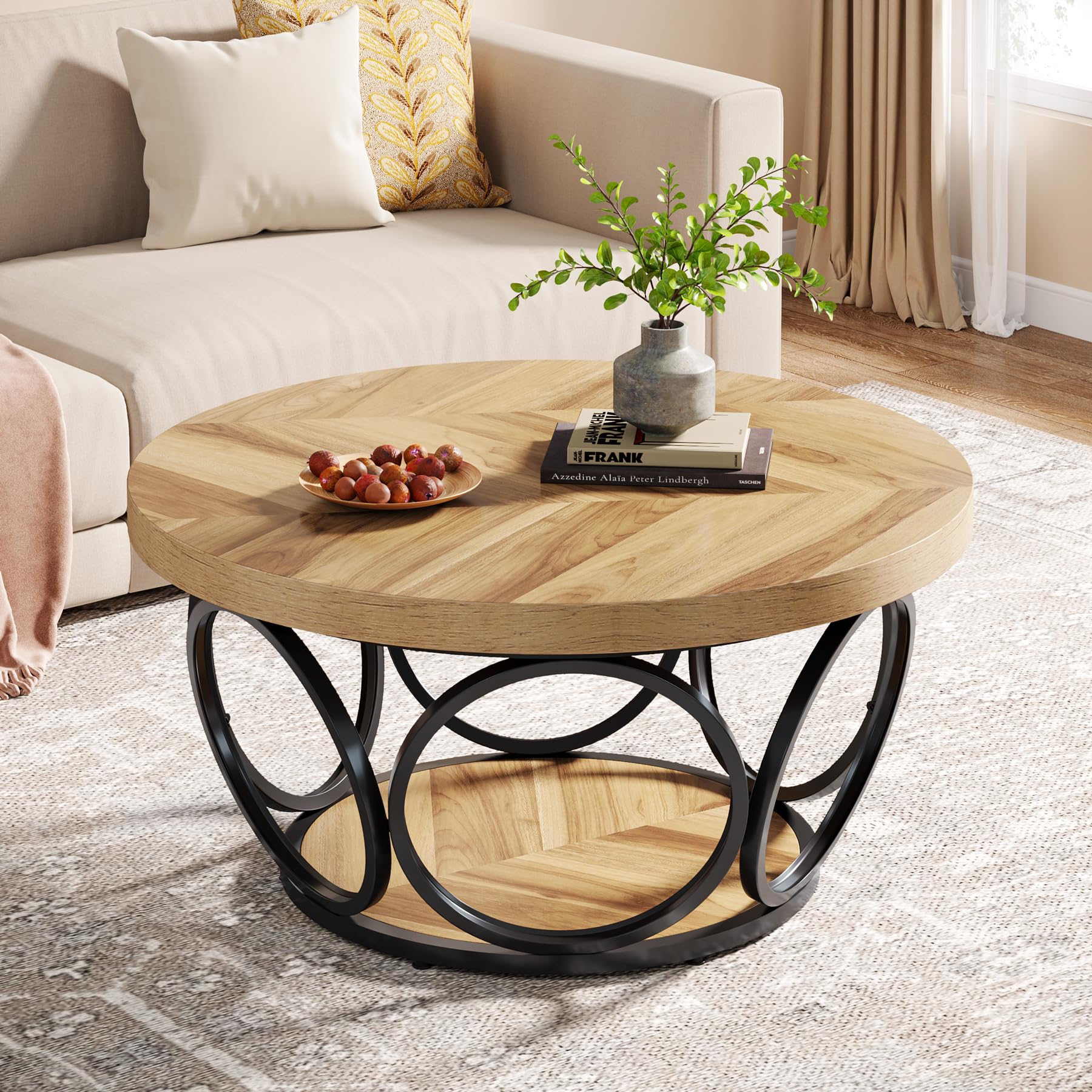 Tribesigns Runder Couchtisch, 80 cm Holztisch mit 2-Ebenen Lagerung, Bauernhaus Große Runde wohnzimmertisch, Moderne Einfache Braune Teetisch (Holzmaserung)