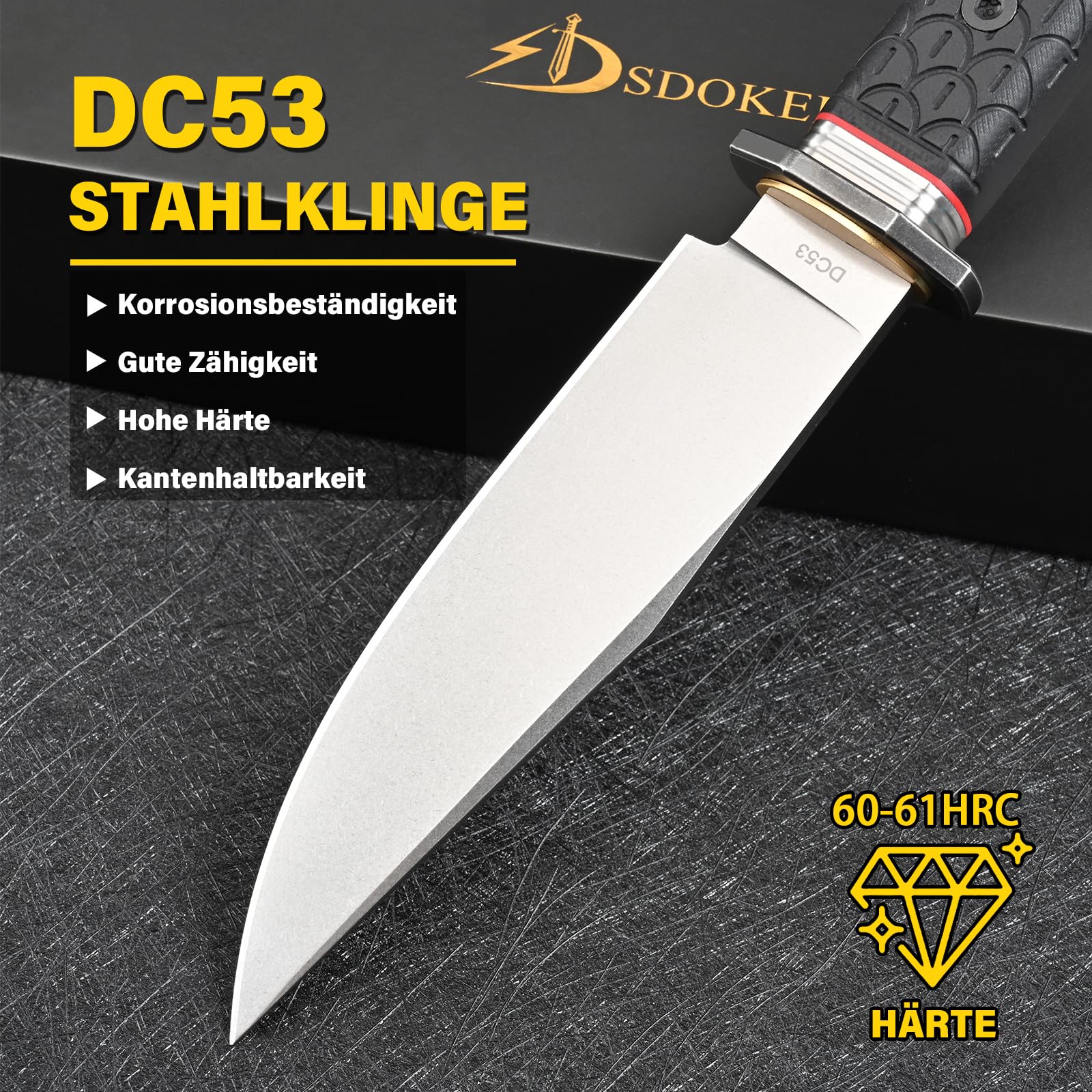 Jagdmesser mit Feststehender Klinge – Outdoor Messer für Männer, EDC, Camping, Angeln & Bushcraft, DC53 Stahl G10 Griff (Weiße Steinwäsche)