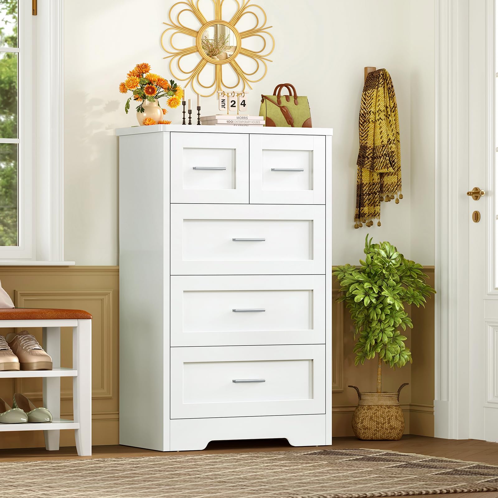 Comoda Dormitorio 5 Cajones Blanca, Cómoda y Cajonera Multifunción para Dormitorio - Sinfonier Blanco de Gran Capacidad, Ideal para Salón y Entrada, 60x35x96.5 cm