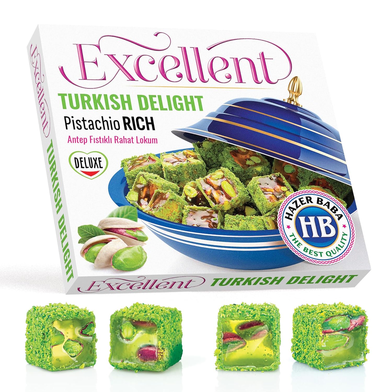 Hazer Baba Deluxe Premium Turkish Delight Candy, %20 Pistachio Rich, Excellent Gourmet Snack Box, Traditional, Vegan Snack, Turkish Lokum, Unique Sweets, Loukoumi, Delicias Turcas, Halal, Kosher, 7oz (200g)