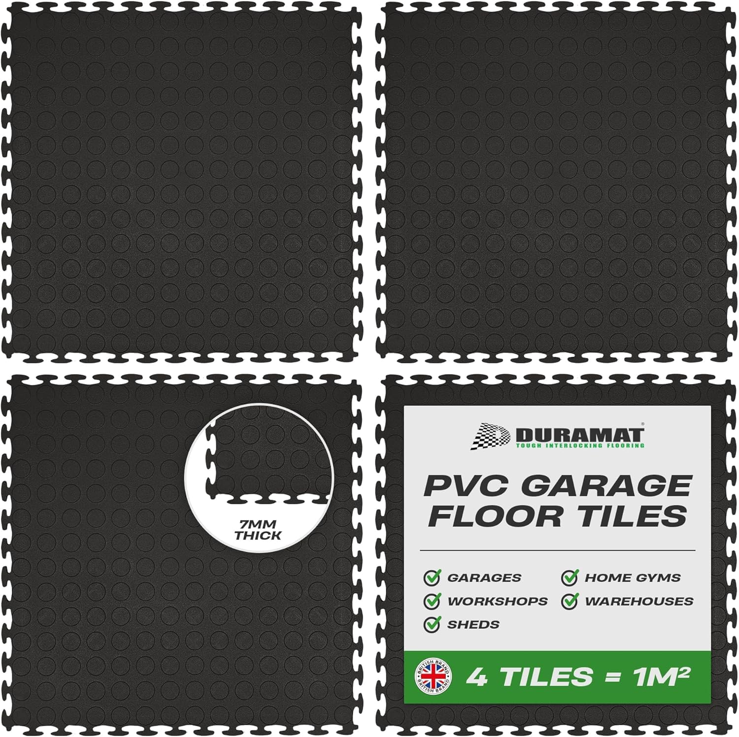 DuraStud Black Heavy Duty Interlocking Garage Flooring Tiles | 500mm x 500mm x 7mm | PVC Garage Floor Tiles for Garage, Workshop, Home Garage & Showroom Flooring | Pack of 4 Tiles