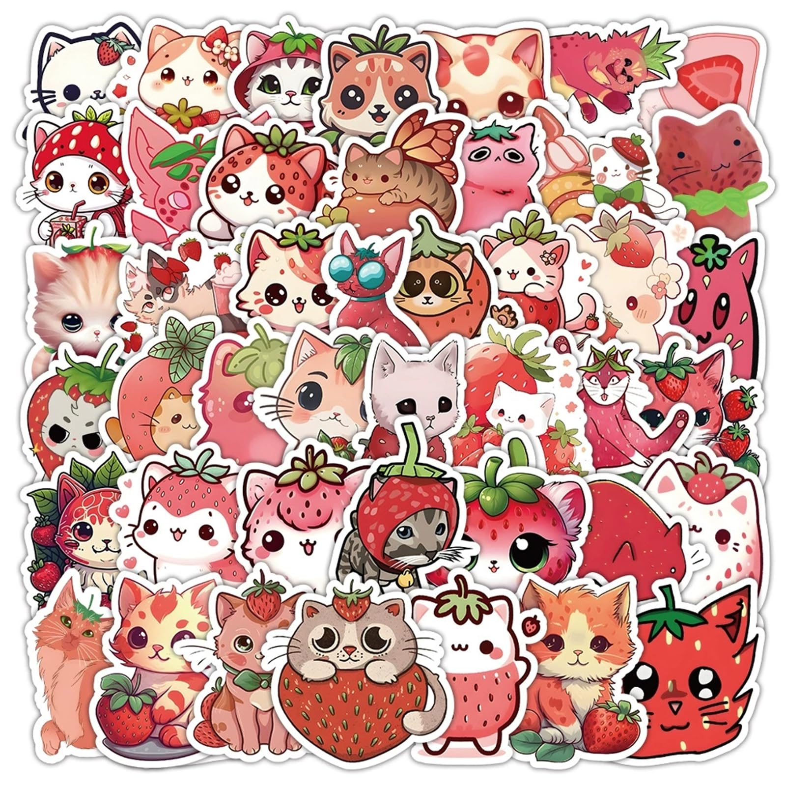 50pcs Cute Strawberry Cat Stickers - Vinyl Waterproof for Kids & Adults - Aesthetic Fruits Stickers for Water Bottles, Laptops, Phones & Scrapbooking