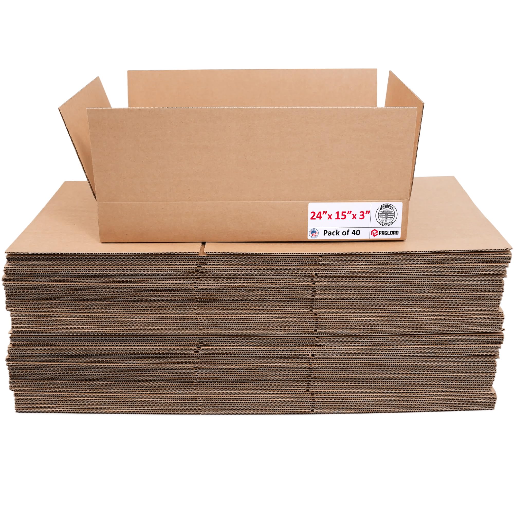 Flat Cardboard Boxes 24"L x 15"W x 3"H (Pack of 40) - USA-Made Packing Boxes for Moving, Shipping, or Storage - USPS, UPS, FedEx Approved - Professional Packing Supplies for Moving | USA-Made Packing Boxes for Moving, Shipping, or Storage - USPS, UPS, FedEx Approved - Professional Packing Supplies