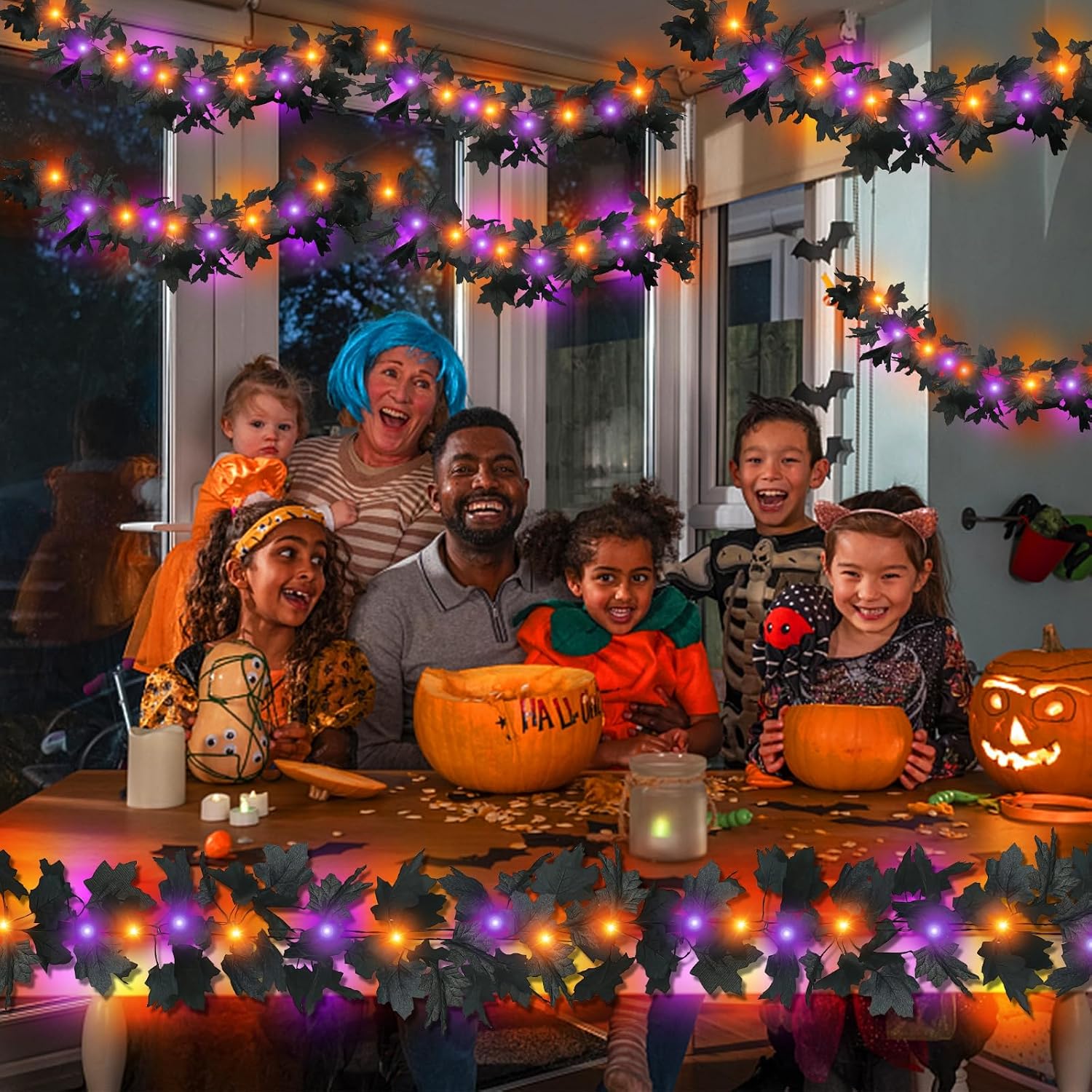 Timer and Thicker - 2 Pack Halloween Black Maples Leaf Garland Purple & Orange Lights Total 13 Ft 40 LED Halloween Decorations Artificial Black Garland for Home Indoor Mantle Fireplace Table Decor