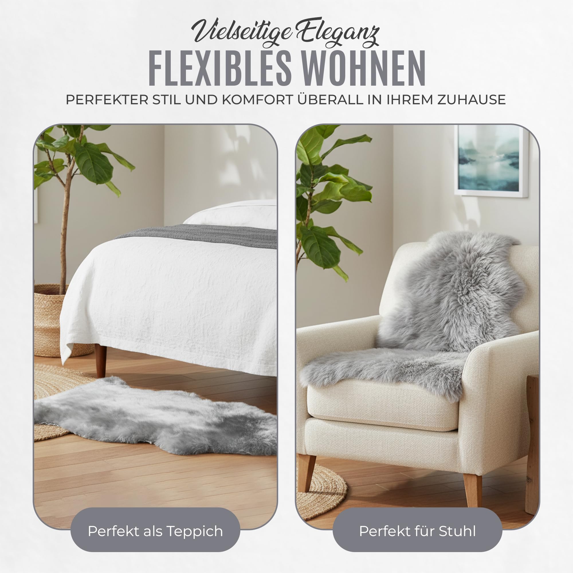 Echtes Schaffell Grau Natur – Premium Lammfell Teppich, Kuschelig Weiches Fell, Wärmeisolierend & Atmungsaktiv – Deko, Sitzauflage für Sofa, Bett & Stuhl (L:100-110cm)