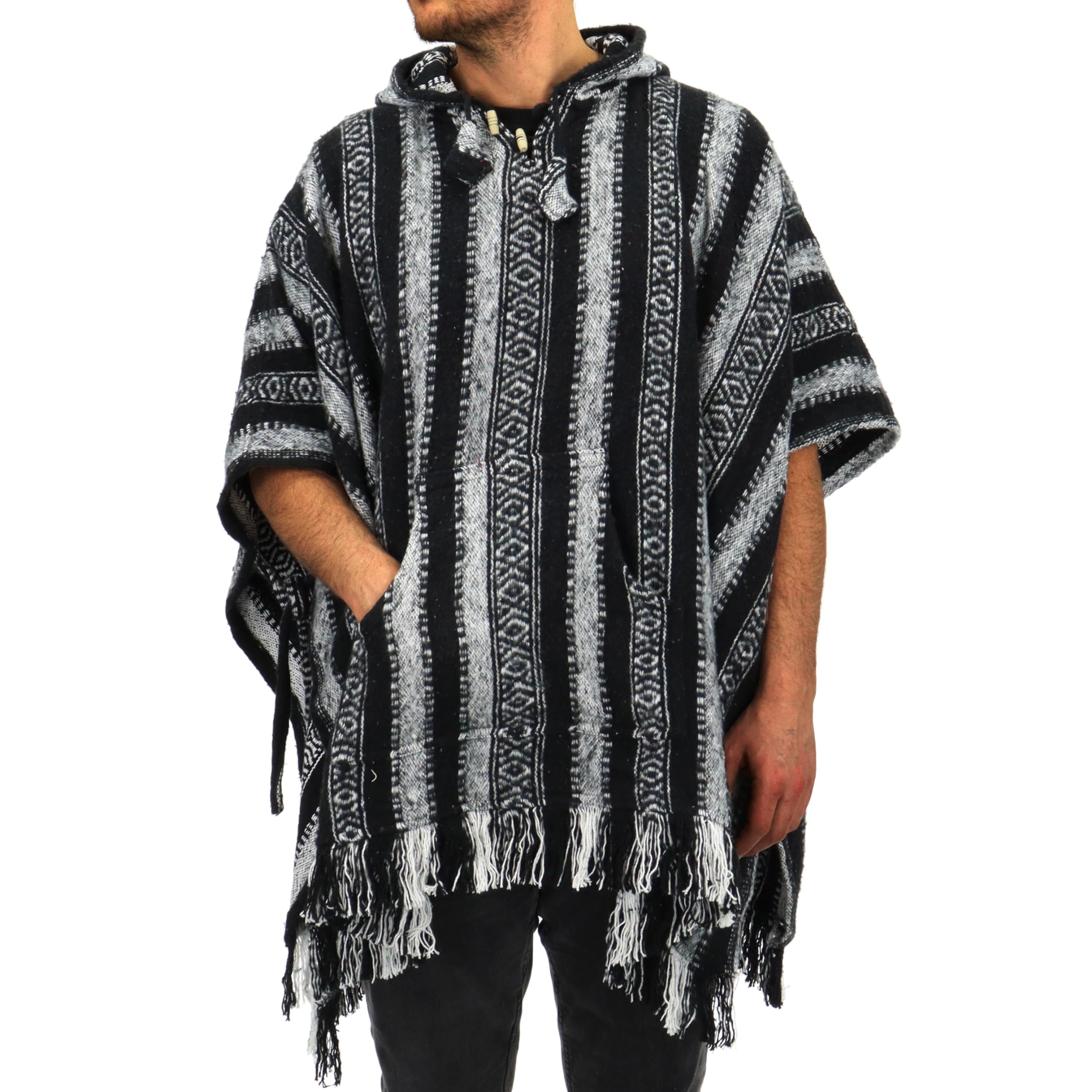 Loudelephant Men's Black & White 100% Woven Gheri Cotton Mexican Style Hooded Poncho