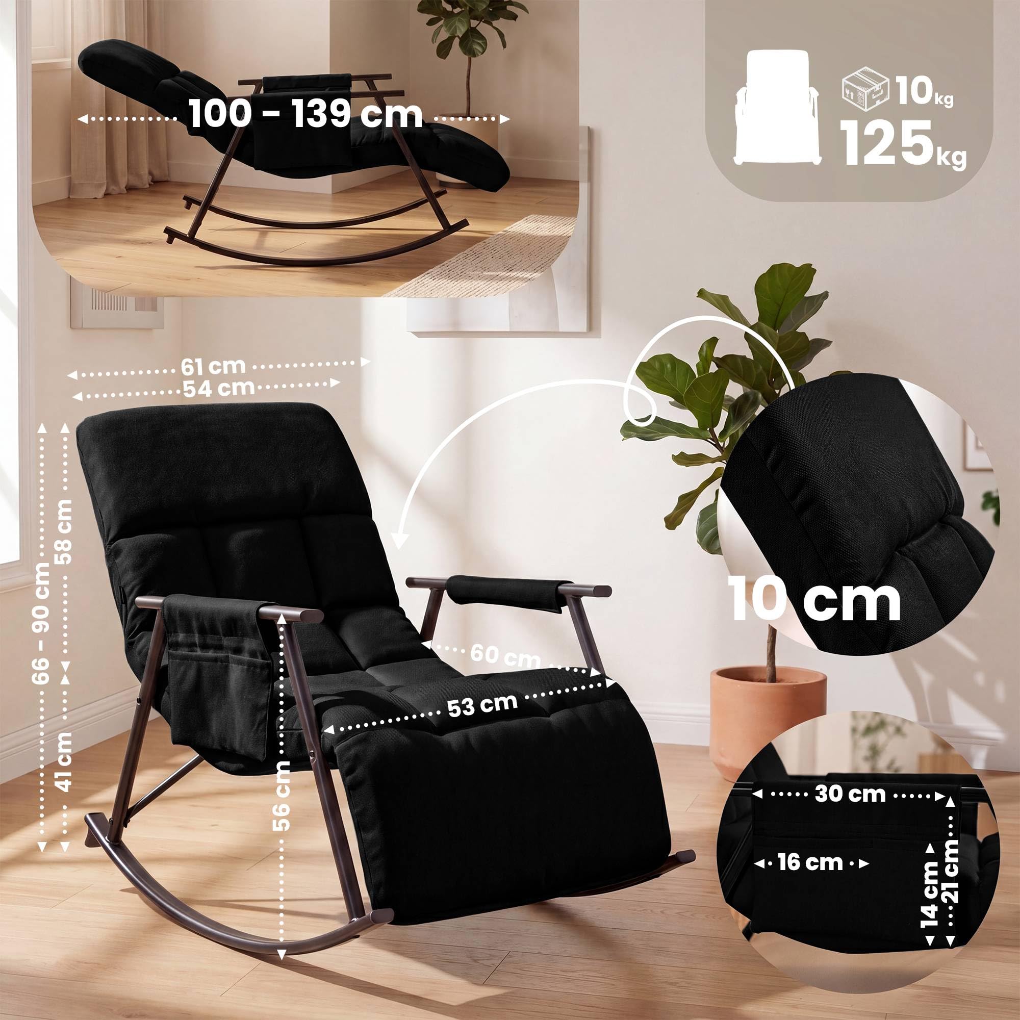CLP Sillon mecedor Acolchado Elara con reposapies, Respaldo reclinable y Bolsillo Lateral, Apto para Lactancia Color:Negro;Material:Tela