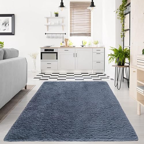 Blue Area Rugs for Living Room, Ultra Soft 4x6 Feet Blue Grey Shaggy Rugs for Bedroom, Kids Room, Home Decor High Pile Velvety 4'x6' Shag Carpets disponible en Yaxa Peru