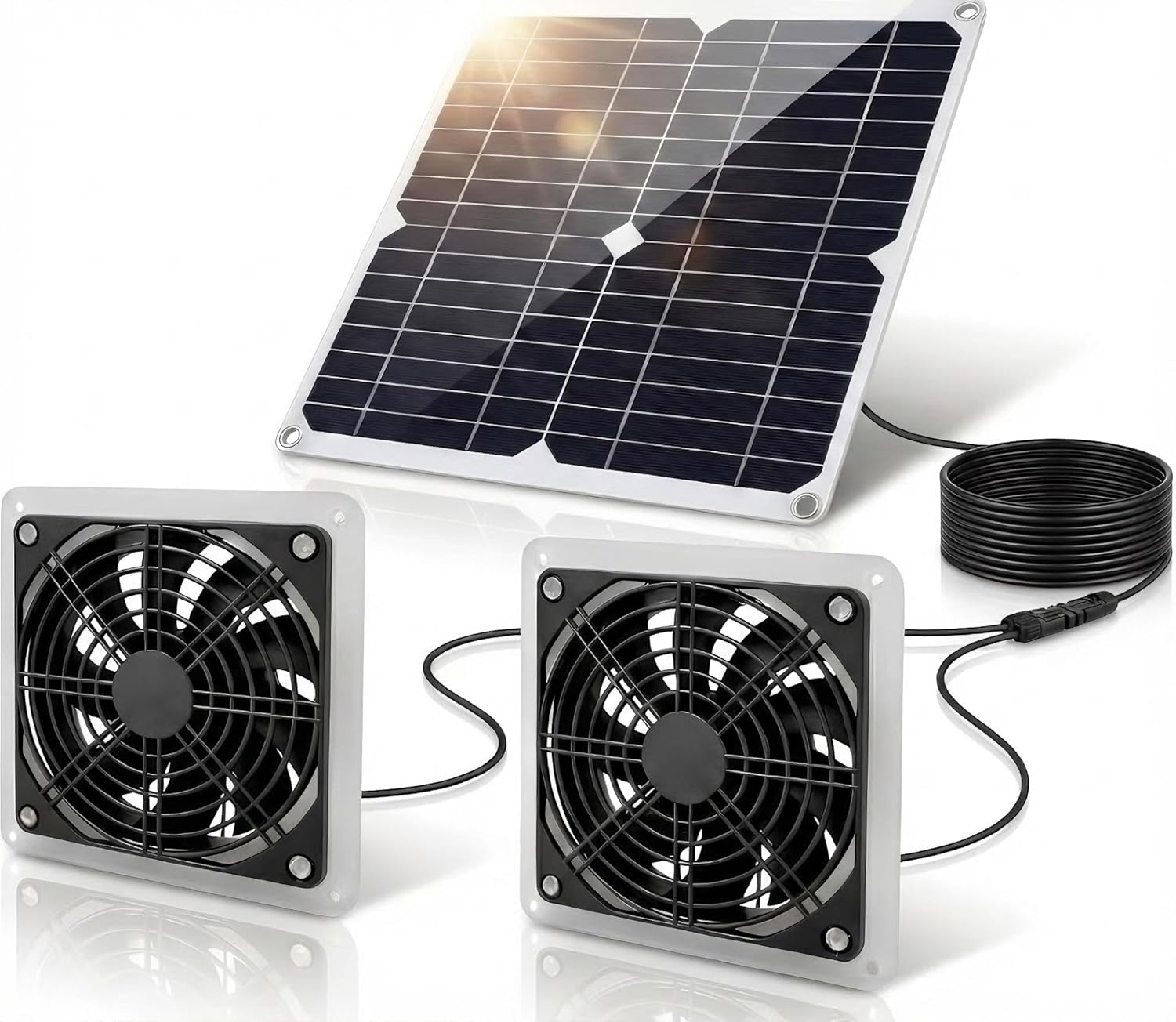 25W Solar Powered Fan for Chicken Coop, Greenhouse, Shed, Upgraded 16.4ft Long Cable Dual Exhaust Fan Kit, IP67 Waterproof Outdoor Solar Fan for Dog House RV Attic Ventilation
