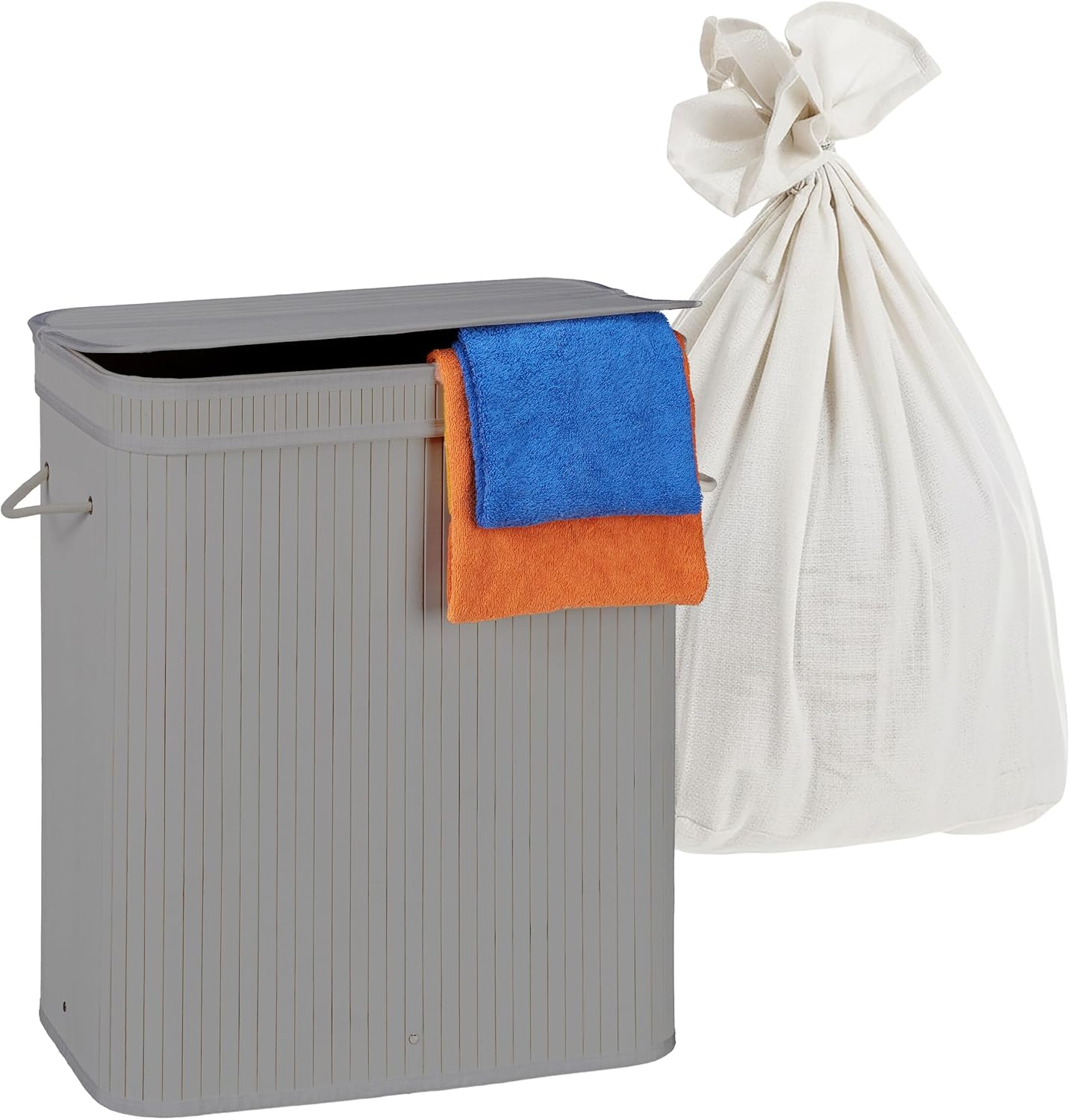 Relaxdays Laundry Basket with Lid, 3 Compartments, Bamboo, 105 L, Foldable, H x W x D: 63 x 52 x 32 cm, Laundry Sorting System, Grey