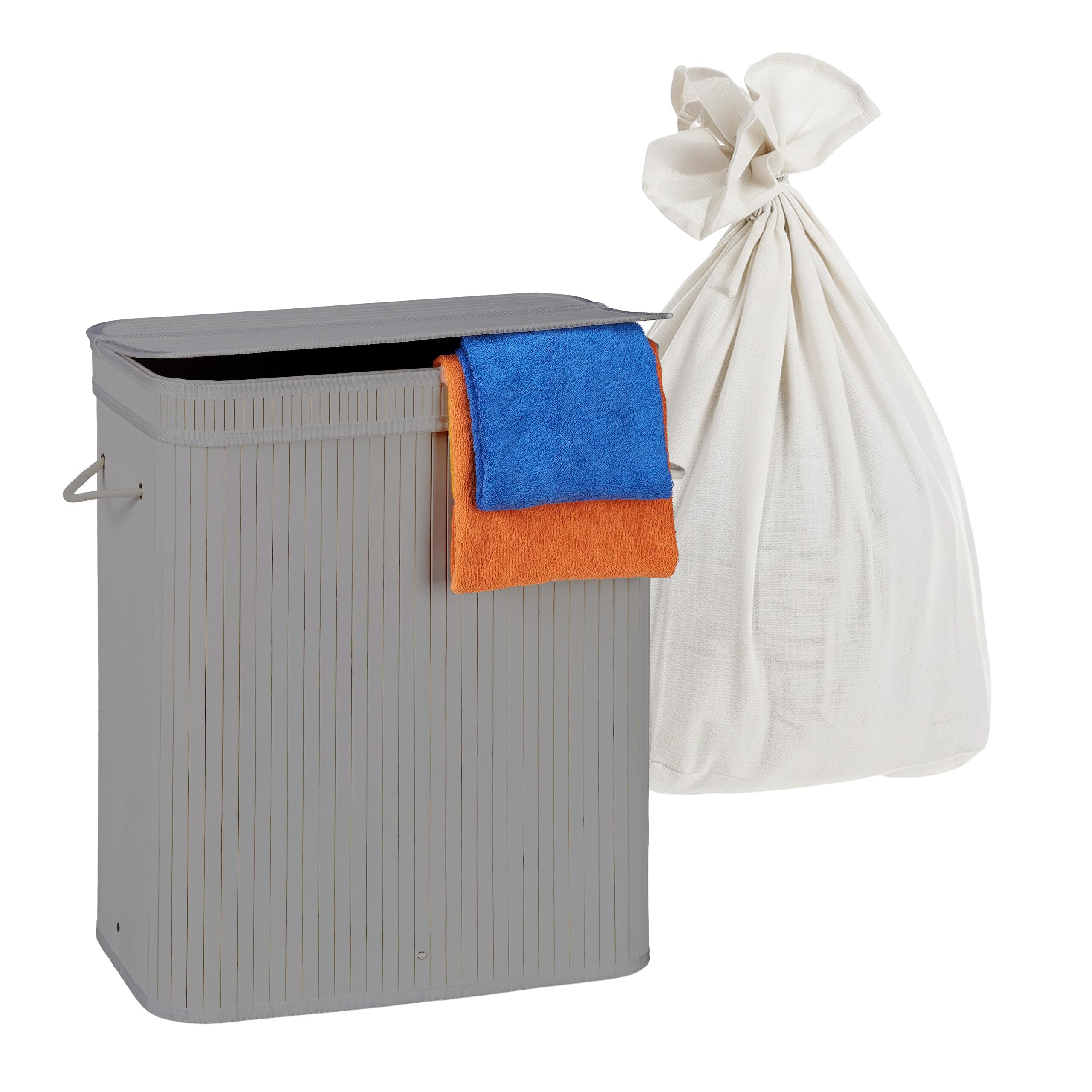 Relaxdays Gris Cesto Ropa Sucia De Bambú Con 2 Compartimentos, Tapa Plegable, 100 L, 60X52x32 Cm, Sistema De Clasificación Gr