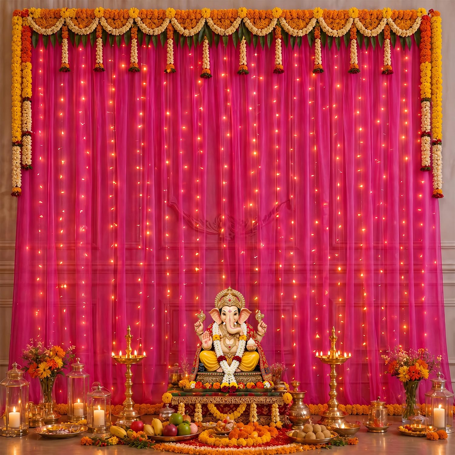Party Propz Pastel Pink Backdrop for Decoration - 4 Pcs, Backdrop Cloth for Decoration Pooja, Mehendi Decorations Items, Light Pink Net Curtain with Ribbon & Light (Satin Mix)-image-34