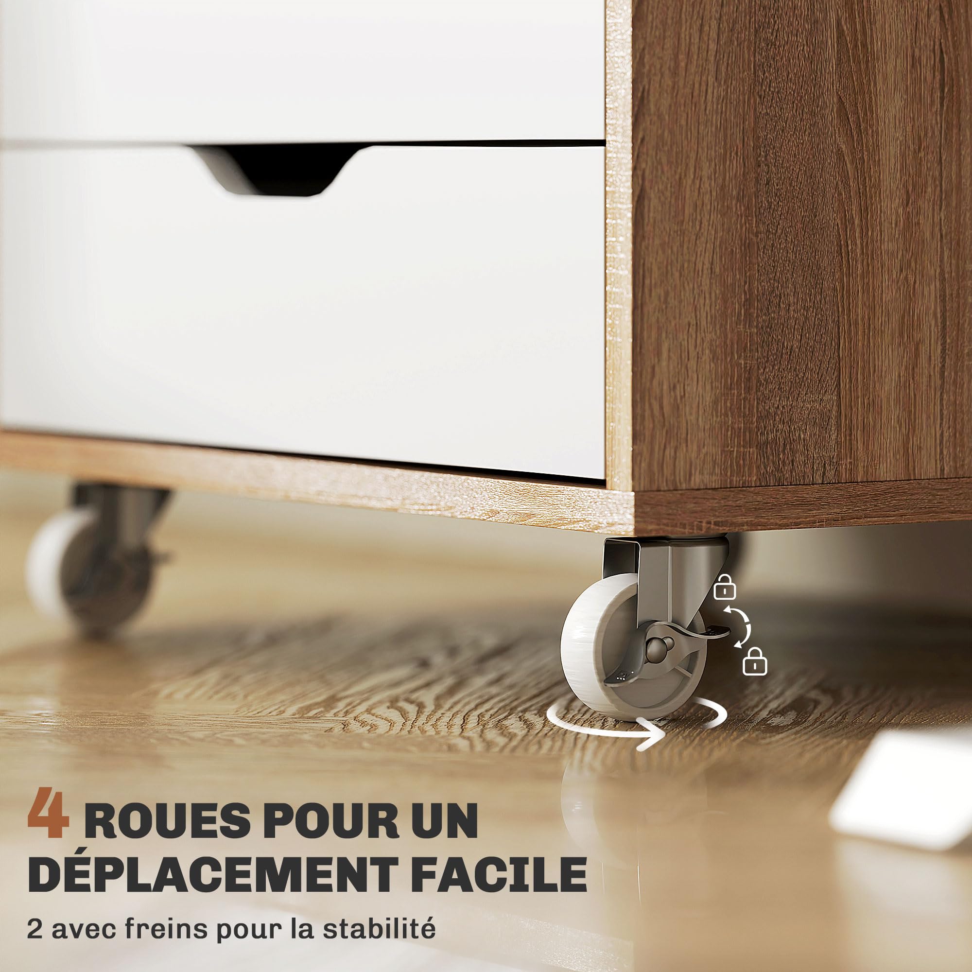 Vinsetto Caisson Bureau Mobile avec 7 Tiroirs 47,5x39,5x90cm Blanc Chêne | Meuble Rangement Bureau sur Roulettes pour Documents et Imprimante, Caisson de Rangement pour Travail ou Chambre