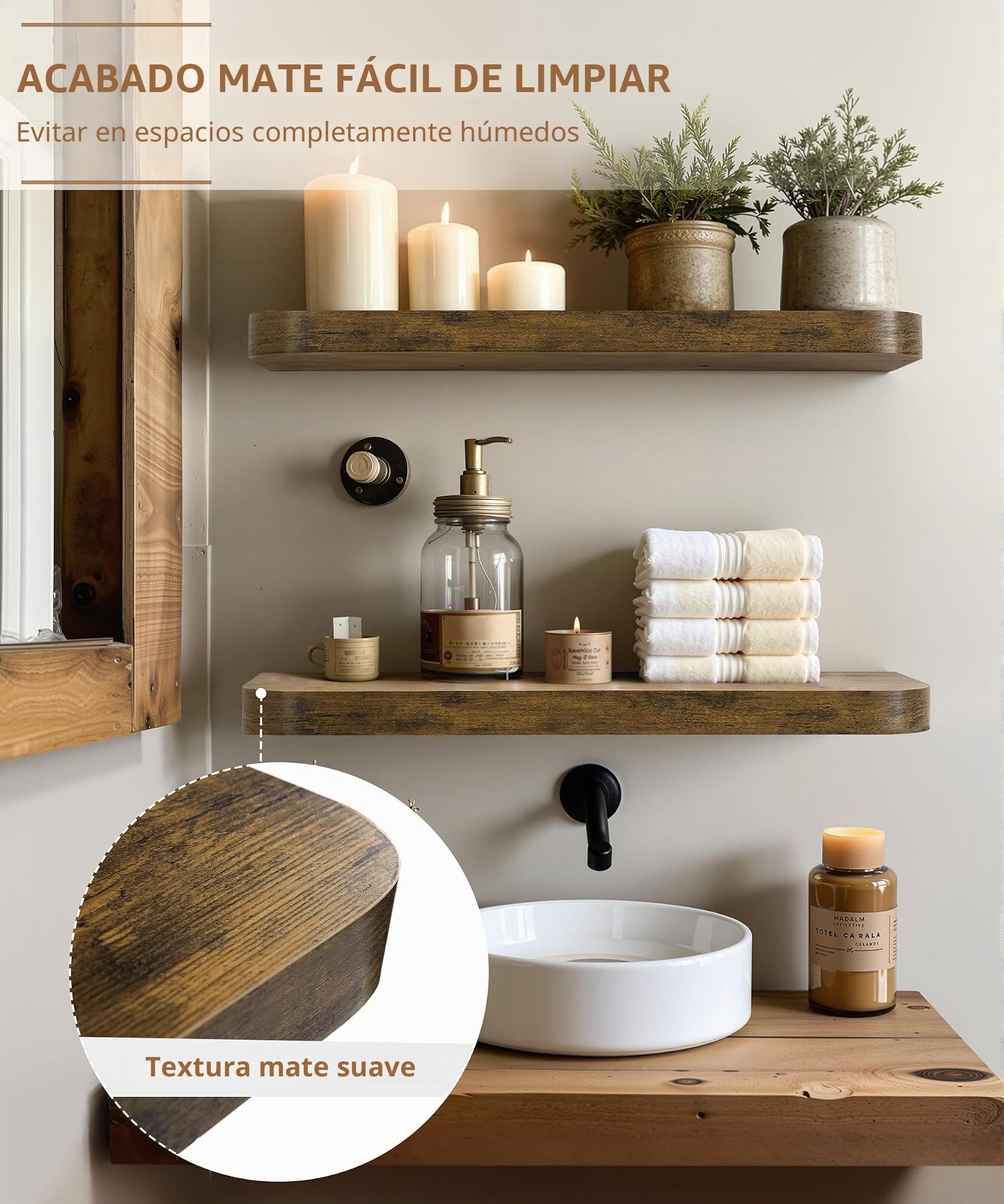 Gronda Estantes flotantes de madera para pared, juego de 2 estantes rústicos montados en la pared con diseño de borde curvado, gran decoración, estante largo para baño, dormitorio, cocina, oficina,