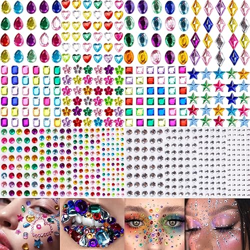 Miniatura 7 de 8 hojas de gemas faciales, joyas para maquillaje, 20 colores de diamantes de imitación para el cabello, perlas de ojos, gemas para el cuerpo, joyas