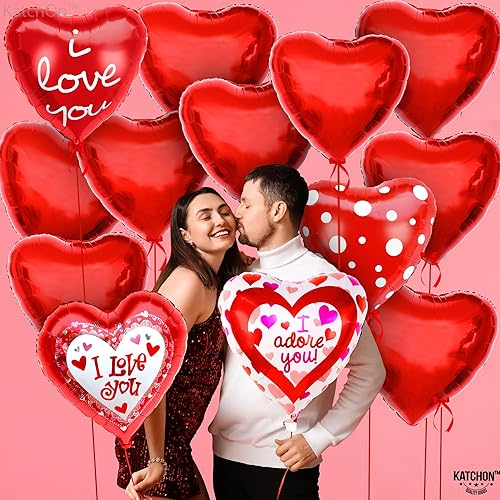 Miniatura 6 de KatchOn, Juego de decoración de globos de corazón rojo de 18 pulgadas, paquete de 12 globos con texto en inglés "I Love You", decoraciones del día