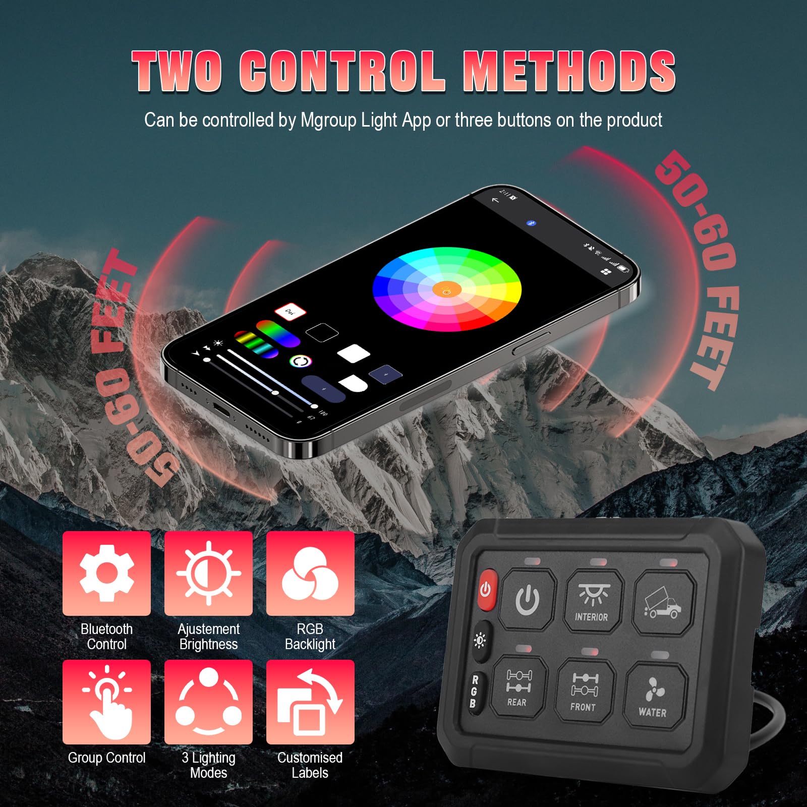 Chelhead Panel de interruptor remoto Bluetooth de 6 bandas, retroiluminado RGB, luz estroboscópica, multifunción, panel de interruptor auxiliar multifunción con control de aplicación, impermeable