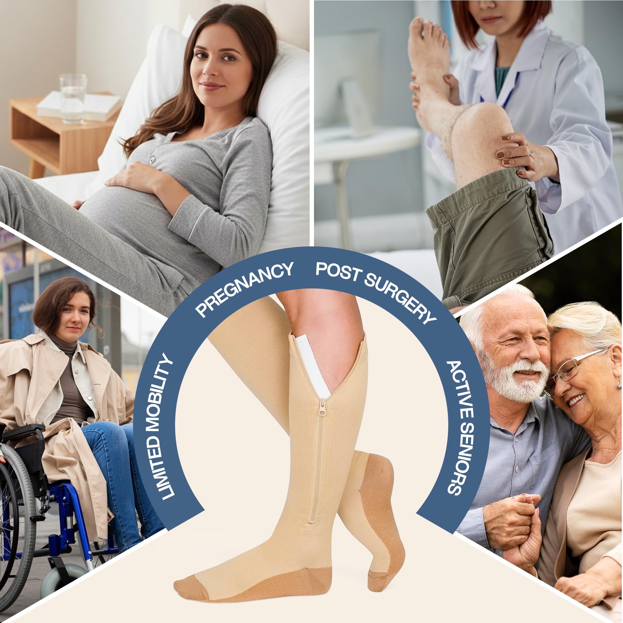 Calcetines de compresión con cremallera para hombres y mujeres, 20-30 mmHg, medias de compresión graduadas con cremallera, Beige/cobre, XXL