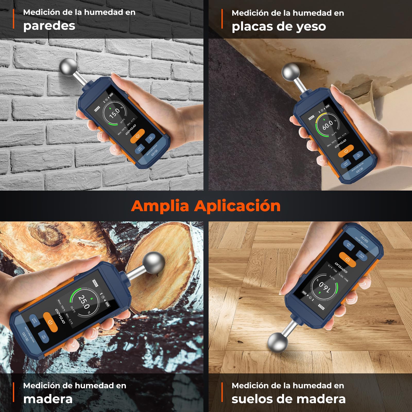 Medidor de Humedad, GOYOJO Medidor de Humedad para Madera con Pantalla LCD y Alarma Acústica, Recargable para Madera, Paredes y Materiales de Construcción, Detección de 5 a 40 mm