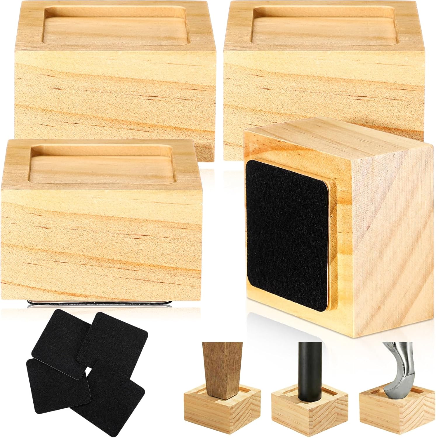 8 Pack Bed Risers Solid Wood Furniture Risers Lifts Height Adjustable from 1" to 4" Non-Slip Recessed Hole with 8 Anti-Slip Mats for Bed Furniture Sofa Chair Table (Height 2",Wood Color)