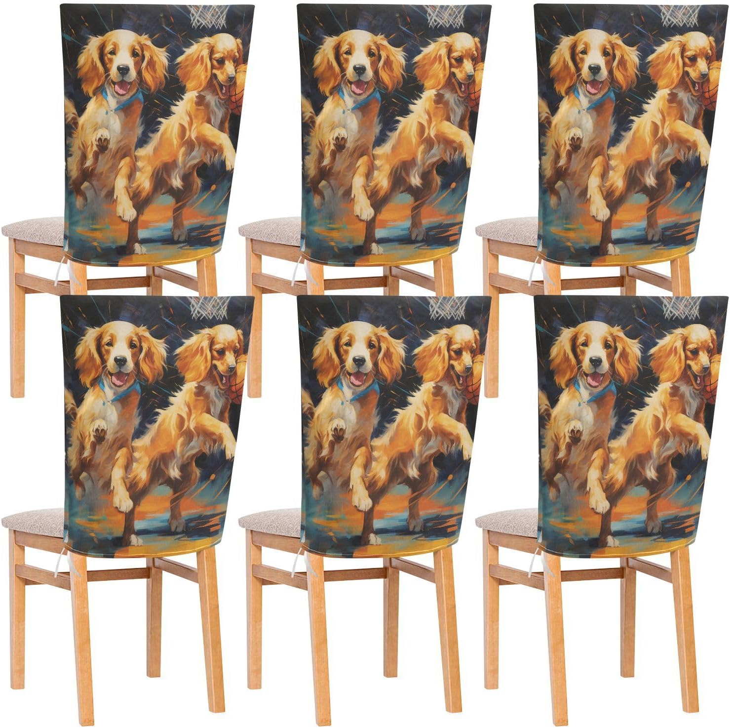 ALAZA Dogs Basketball Chair Back Cover Set of 6, Washable Reusable Removable Chair Slipcovers Decorative Chair Cover for Home Kitchen Wedding Party