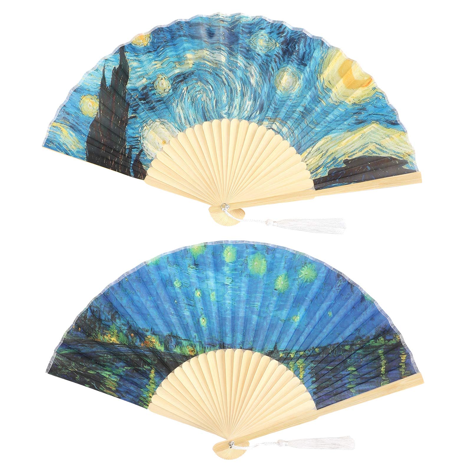 Cyrank 2PCS Folding Hand Fans for Women, Silk Folding Fans with Bamboo Frames for Dancing Cosplay Wedding Party Props, Oil Painting Starry Night Pattern
