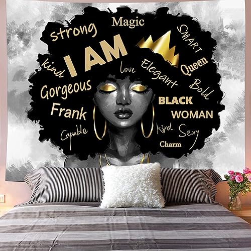 Miniatura 2 de Toziofoy Tapiz afroamericano para dormitorio, tapiz de mujer afro, niña negra con corona, citas inspiradoras, tapiz negro y dorado, tapiz de arte