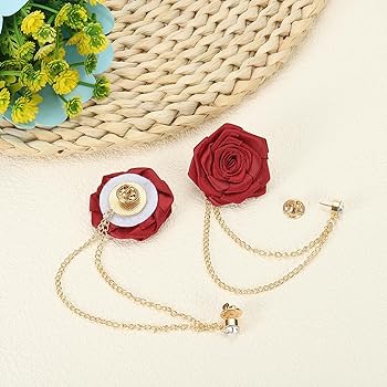QUARKZMAN Spille Sposo Fiore Rosa Misura 1.77 Spilla Bavero Lega Stoffa con Catena Nappe/Borchie per Abiti/Finiture Dorate per Accessori per Abiti Uomo Sposa 2pz Bianco