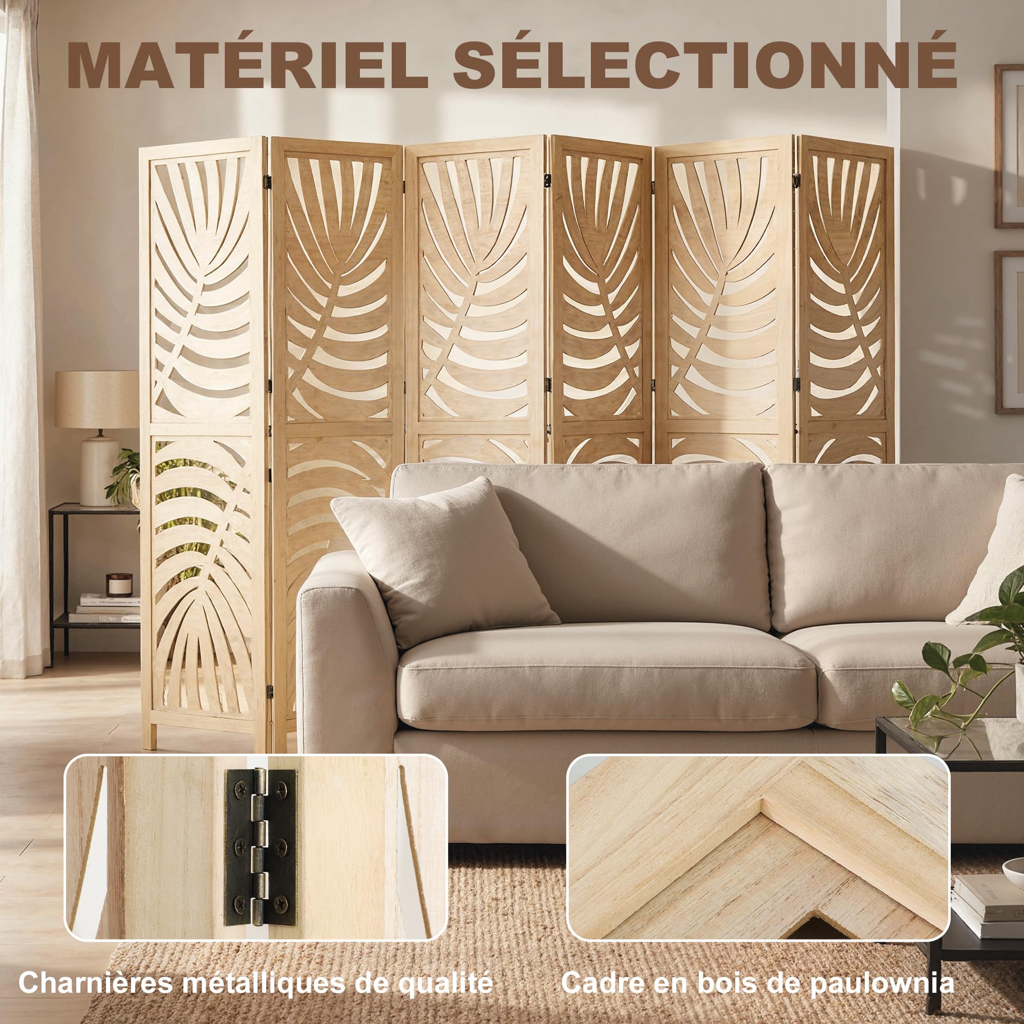 HOMCOM Separador 6 Paneles Plegable Desmontable Acabado Madera Natural | Pantallas de privacidad, tabique autoportante, diseño de hoja de palma, para oficina en casa, dormitorio