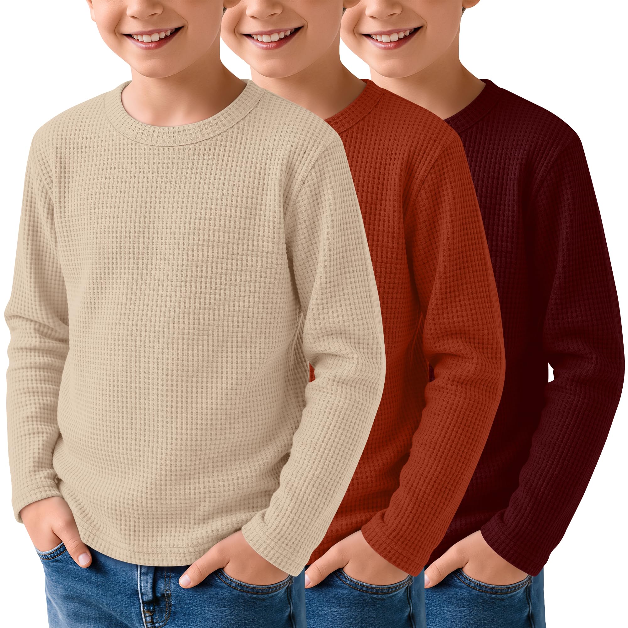 3 Pack Boys Waffle Shirts Kid Long Sleeve Warm Tops