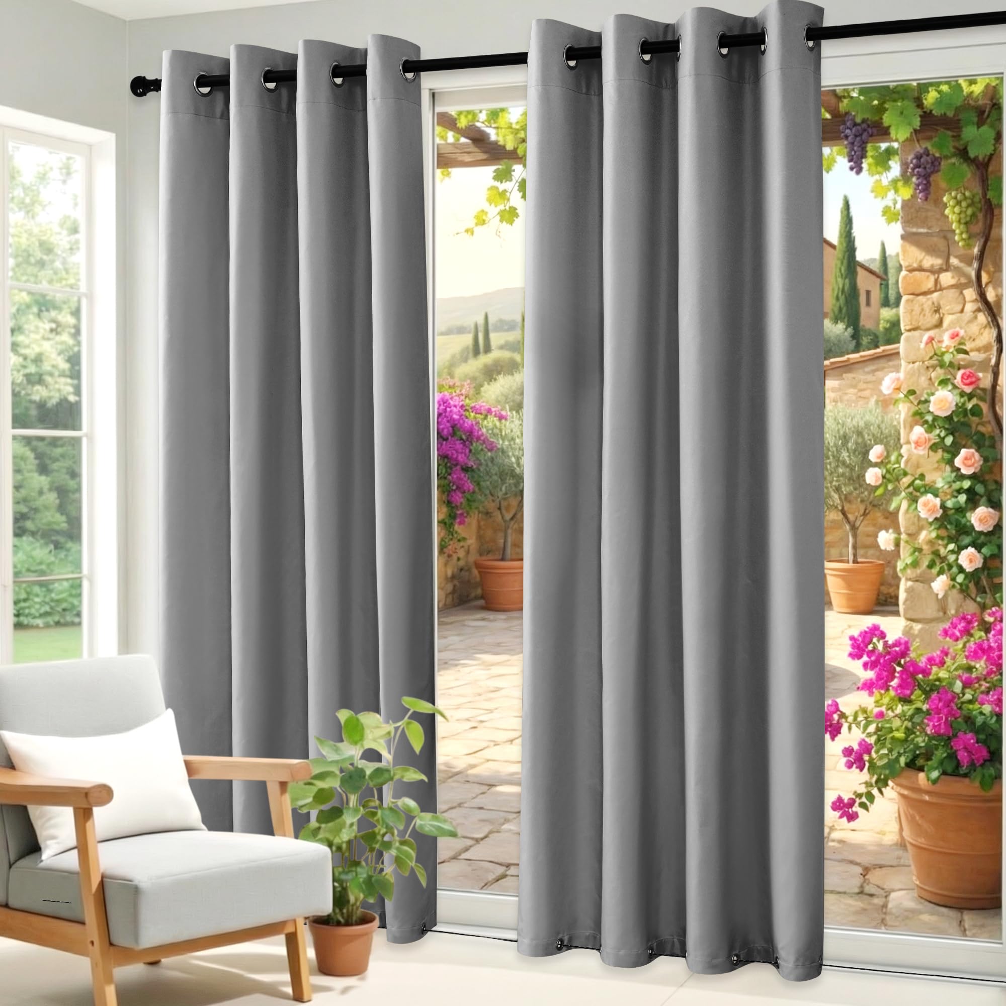 Clothink Outdoor Vorhang Wetterfest Mit Ösen Oben und Unten, Outdoorvorhänge Wasserdicht Outdoor Gardinen Windschutz Sonnenschutz für Balkon Pergola Terrasse (255x245cm, 1 Stück, Grau)