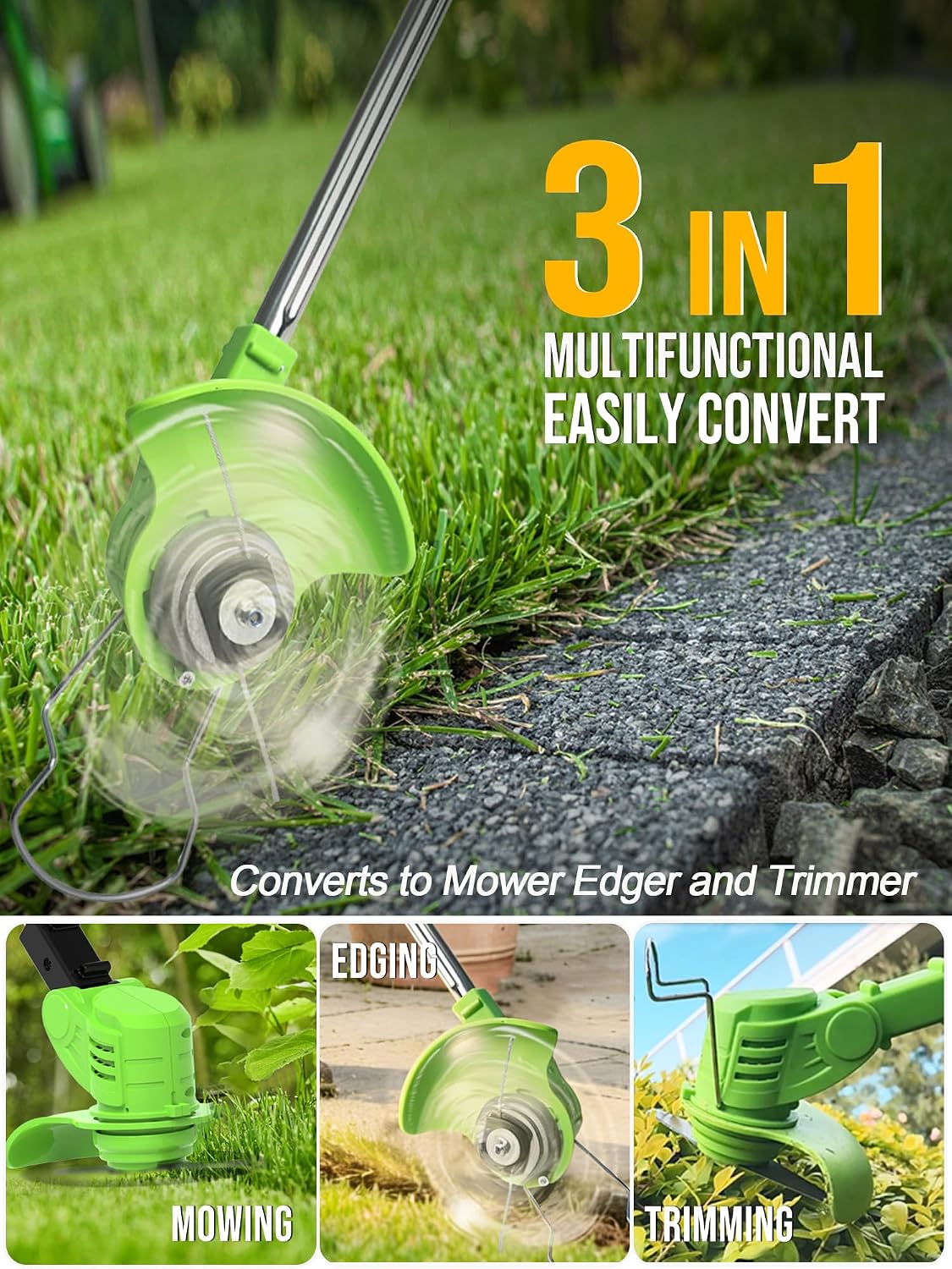 electric weed wacker, 21v cordless weed eater battery powered with 2x 2.0ah batteries & charger, 4 types metal blade, 3 in 1 stringless weed trimmer lawn edger brush cutter for garden yard