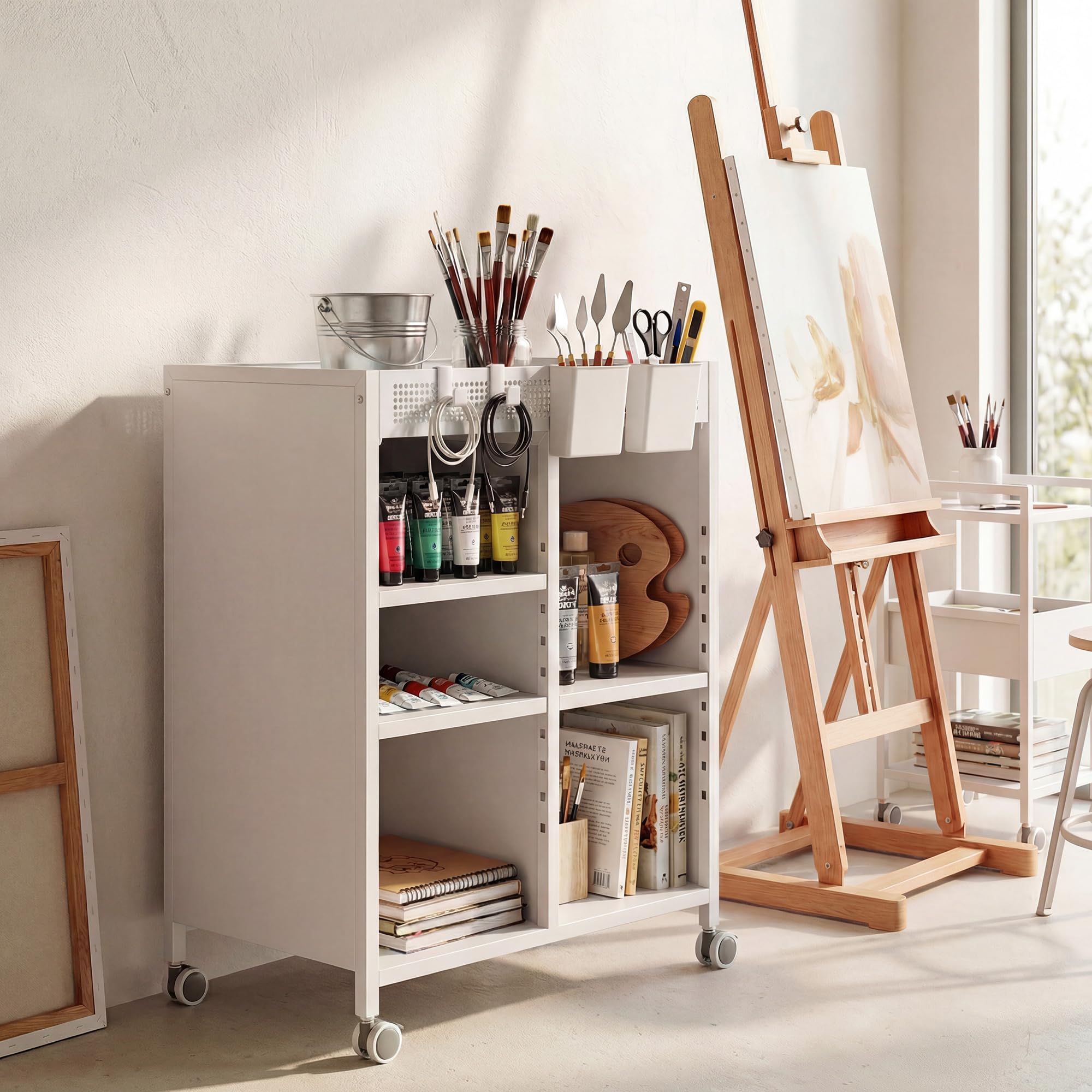 HOMCOM Bücherregal mit Rollen, Bücherwagen mit 4 Ebenen, oberem Aufbewahrungskorb, verstellbaren Regalen, Rollwagen für Zuhause, Wohnzimmer, Büro, Weiß